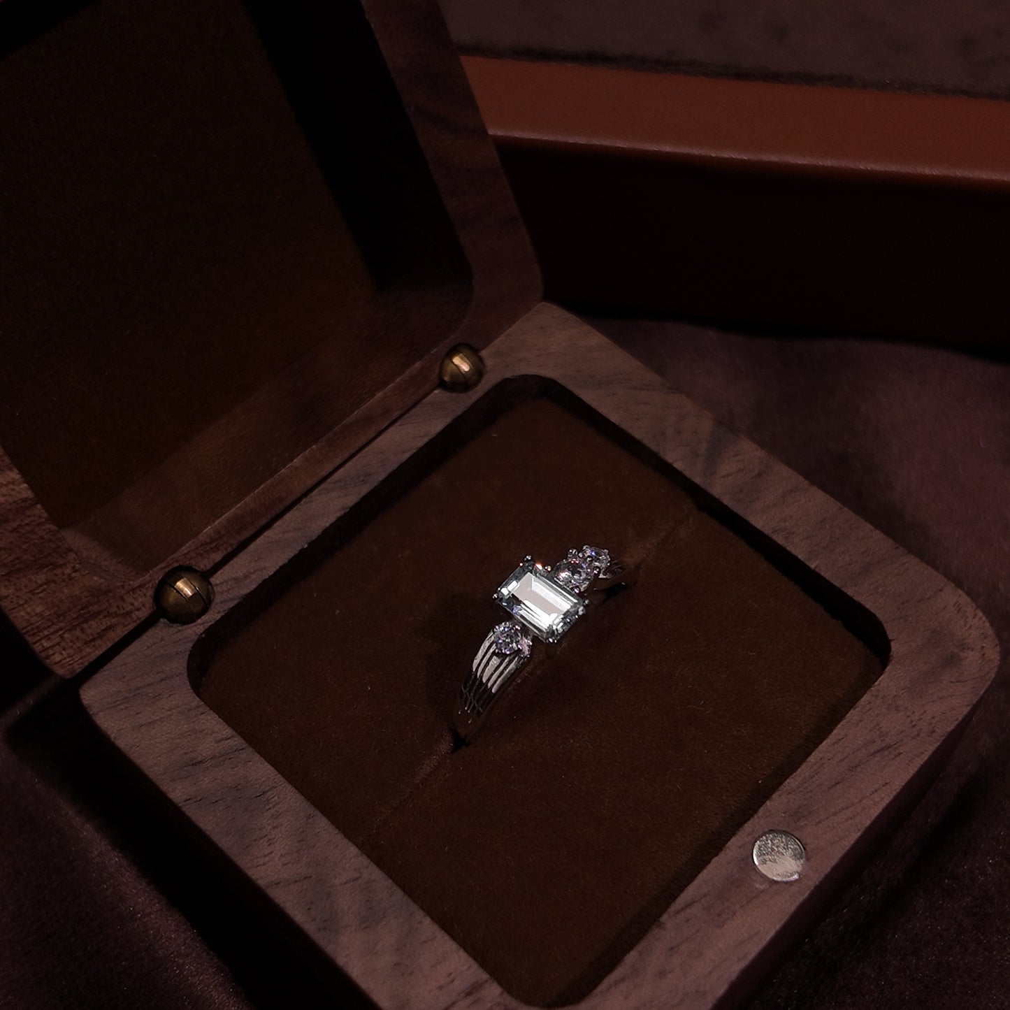 Natural Sea Blue Treasure Ring Open Ring S925 Pure Silver Light Blue Rectangular Diamond Set Palace Retro