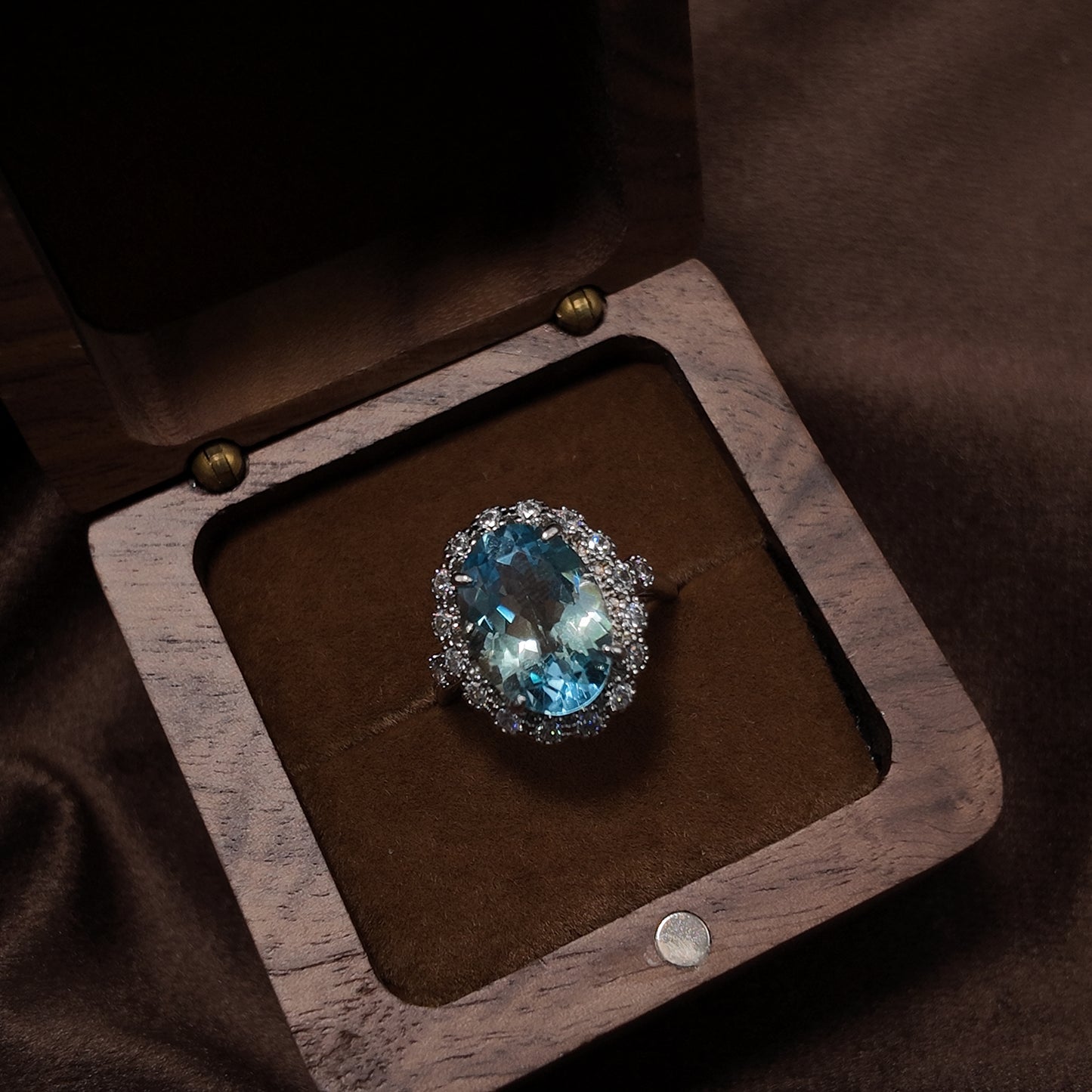 Natural Topaz Open Ring S925 Solid Silver Large Oval Inlaid with Small Exquisite Vintage Design