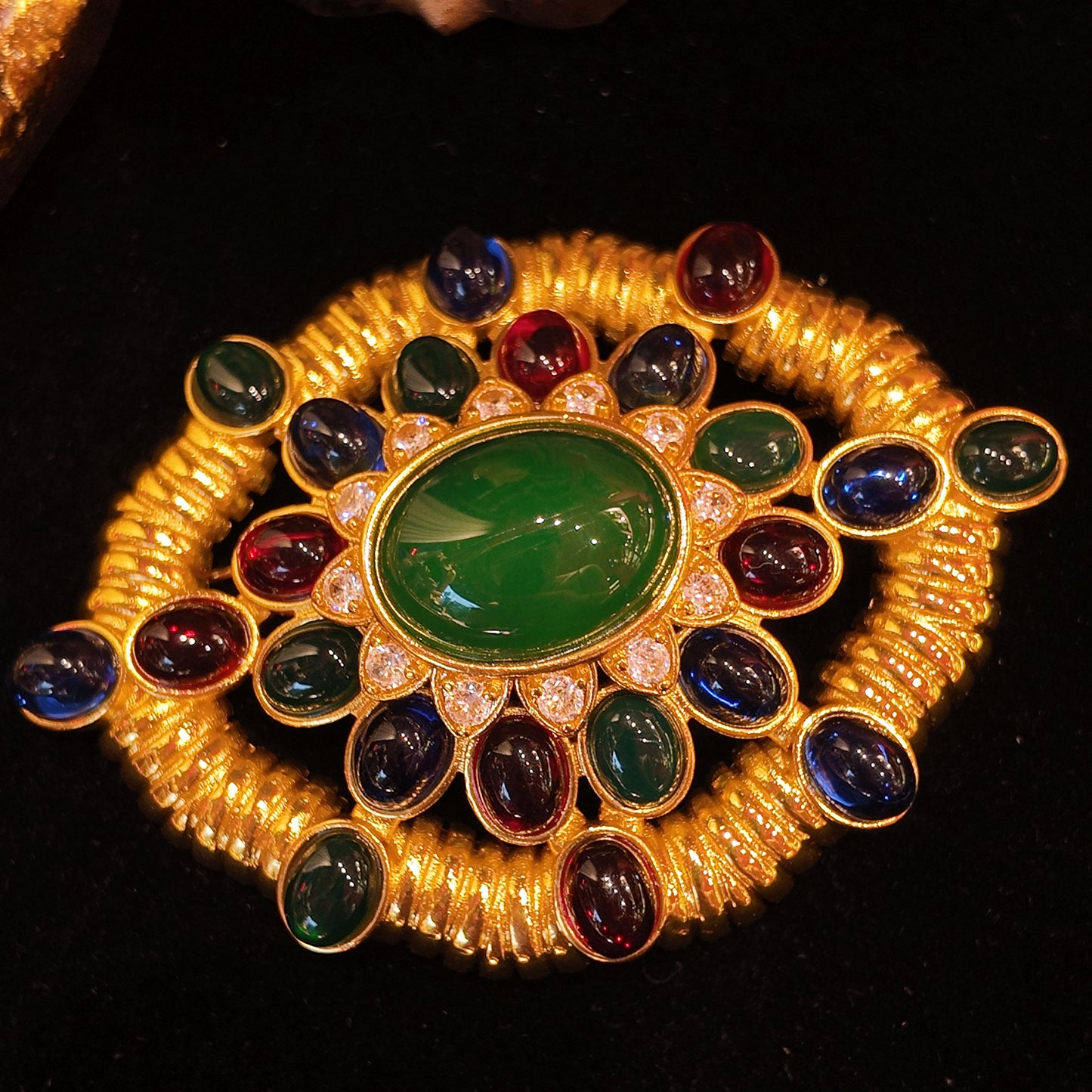 Vintage oval sunflower brooch red green blue glazed heavy industry palace retro style