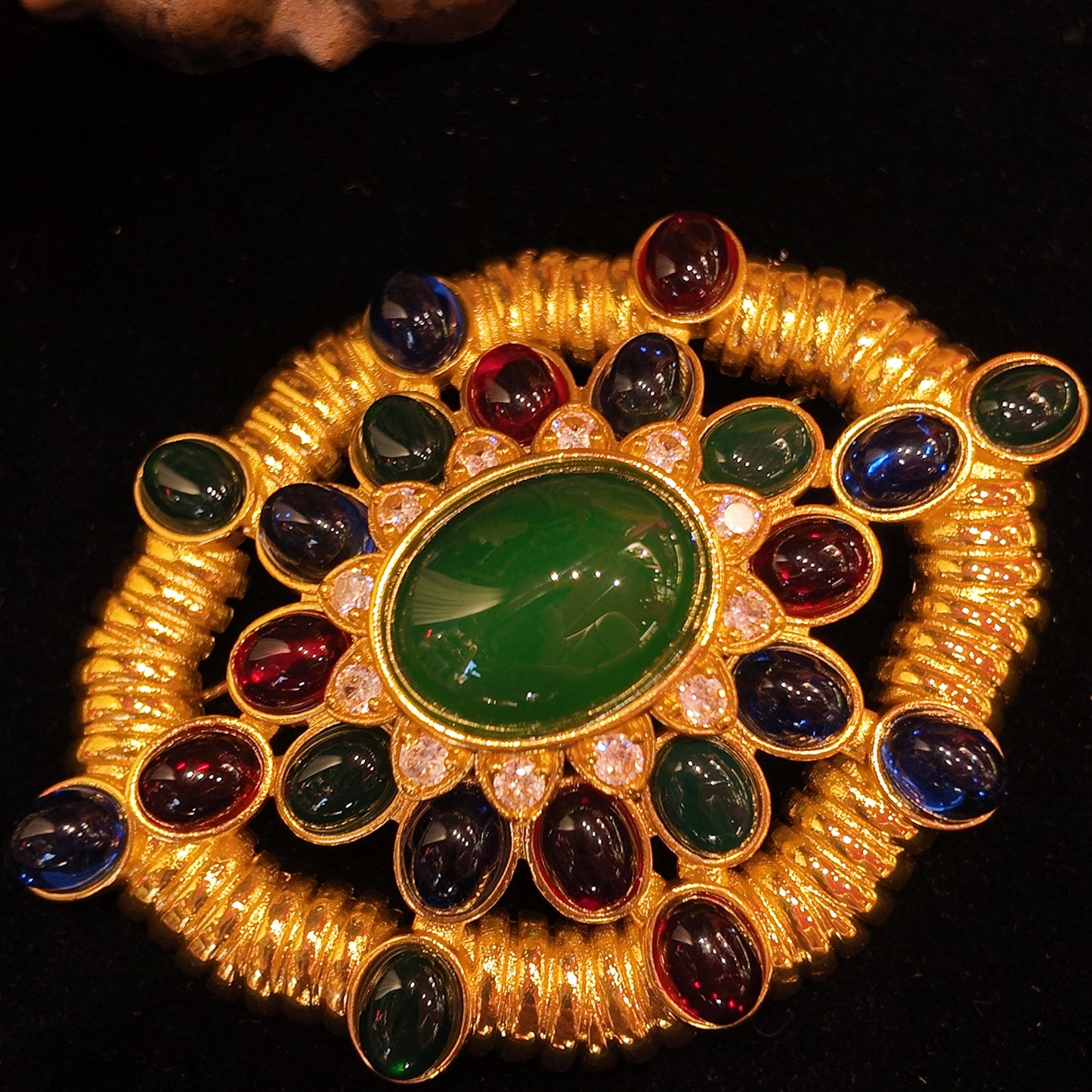 Vintage oval sunflower brooch red green blue glazed heavy industry palace retro style