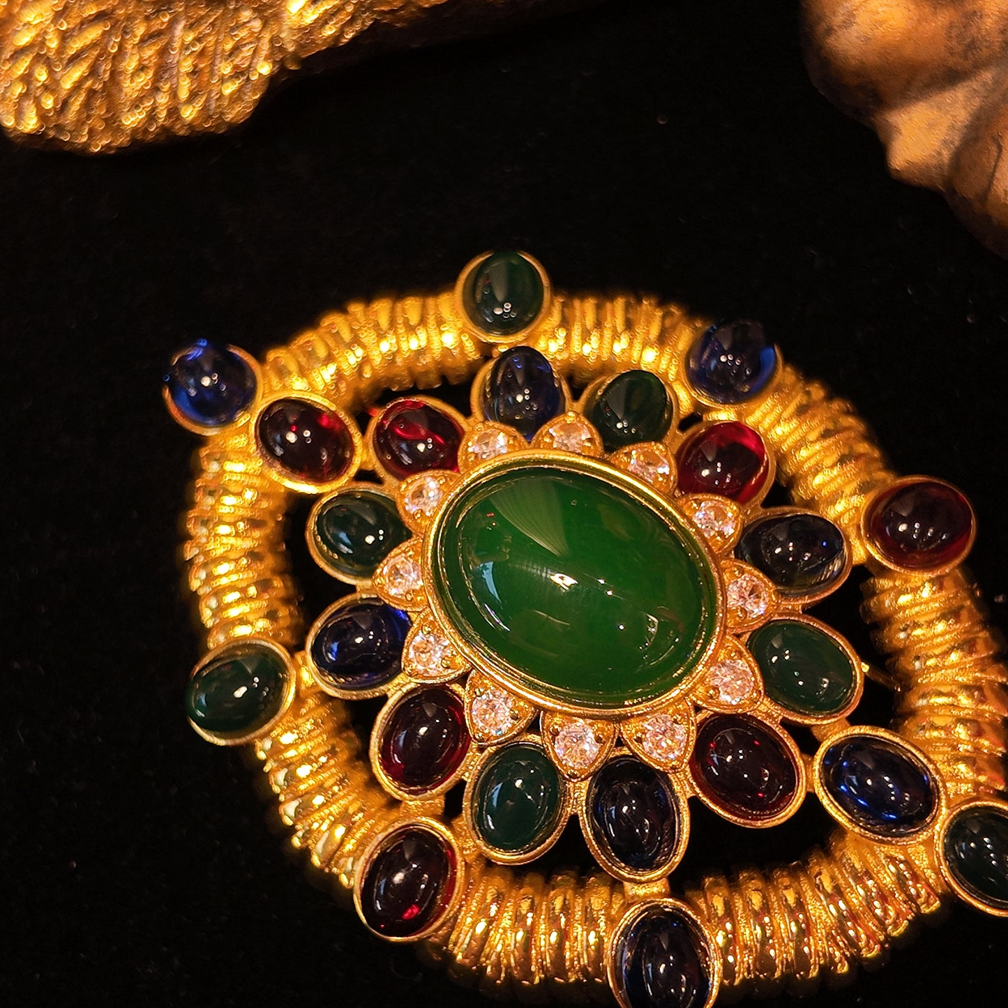 Vintage oval sunflower brooch red green blue glazed heavy industry palace retro style