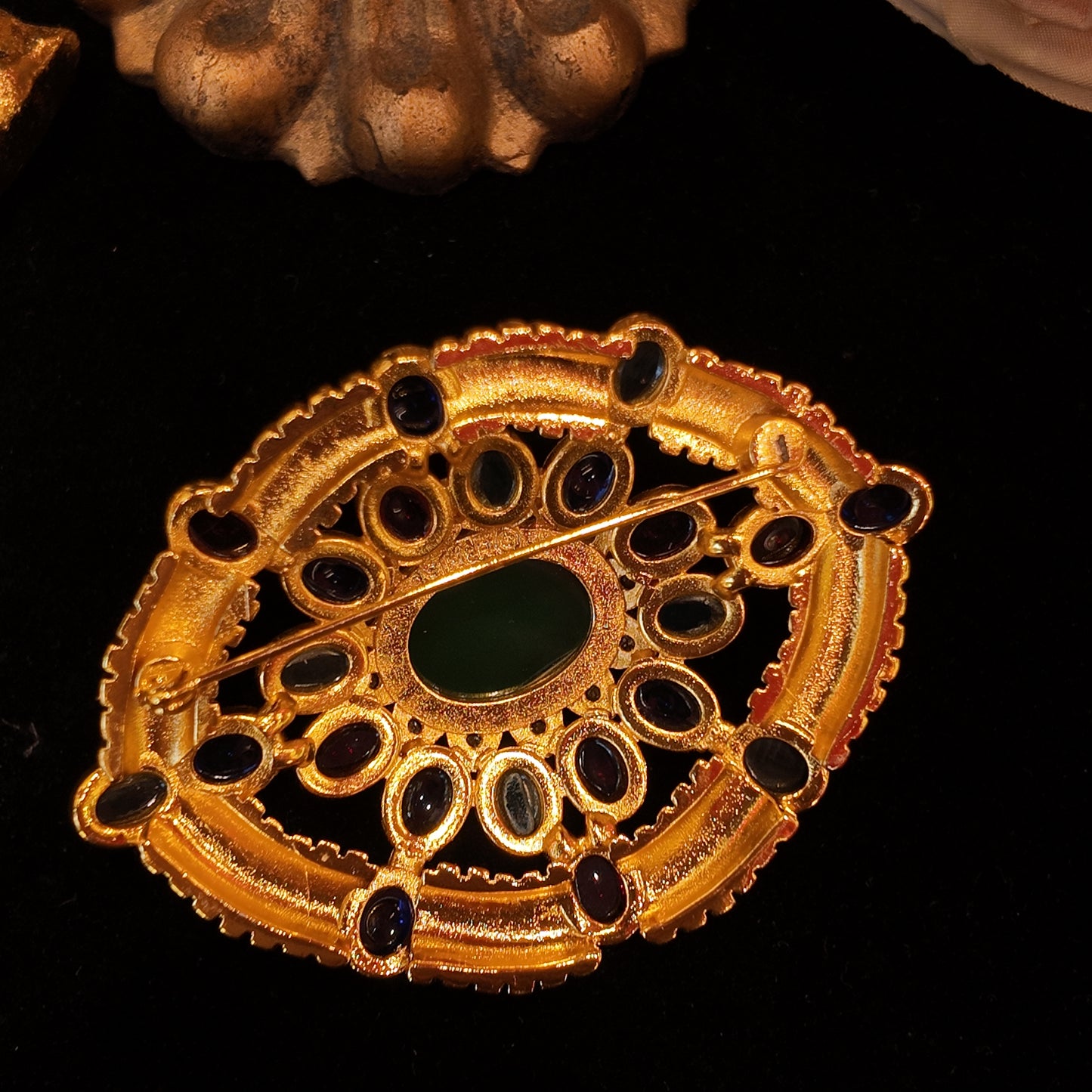 Vintage oval sunflower brooch red green blue glazed heavy industry palace retro style