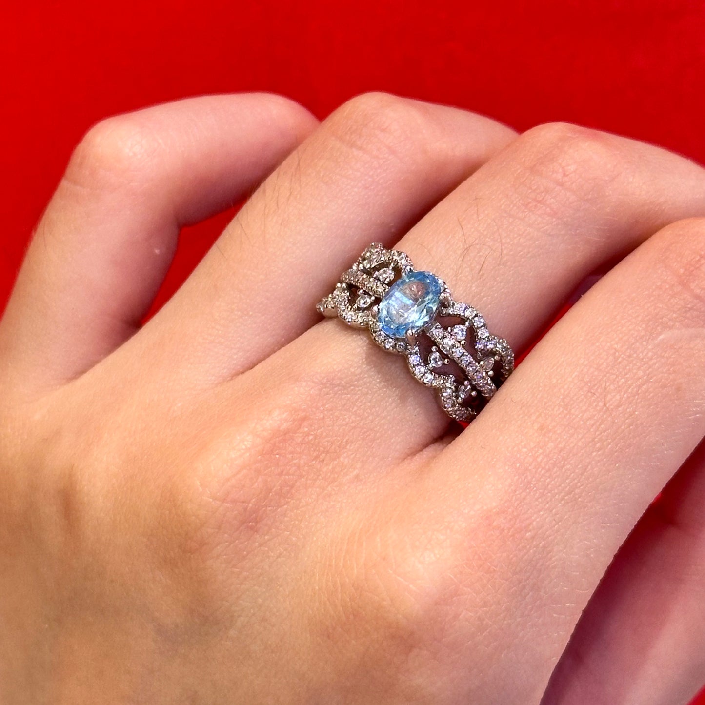Natural Topaz Open Ring S925 Pure Silver Blue Lace Lace Small and Exquisite Vintage