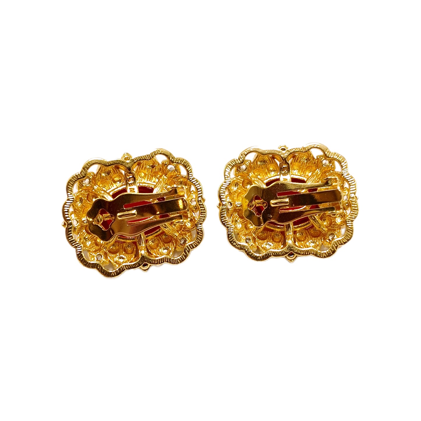 “Liu Fang Hong Zhang”Vintage WEST Label Earclip Red Glass Noble and Elegant Retro Palace Style