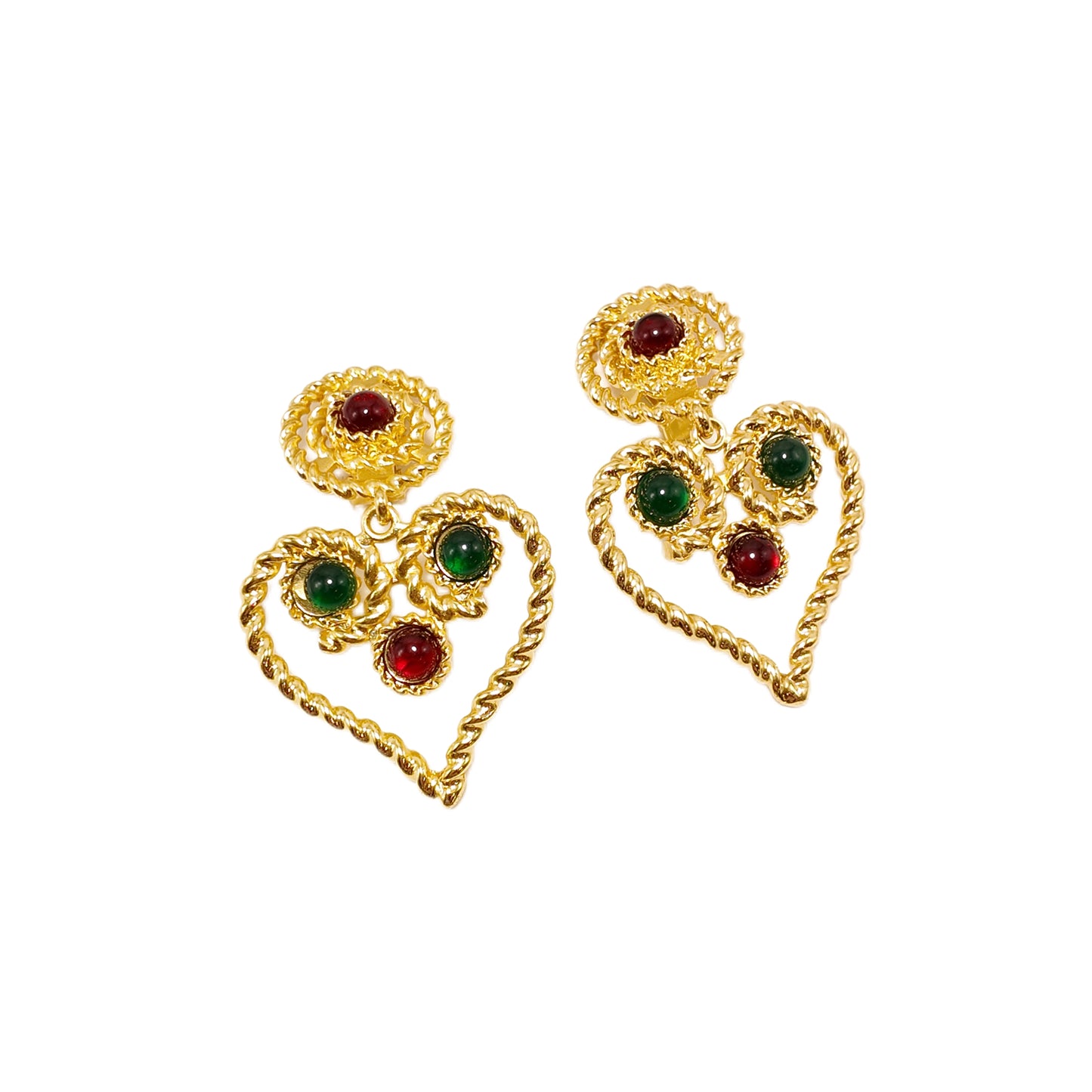 "Glass Heart Flame"Vintage red green glass clip on earrings heart beatiful lady