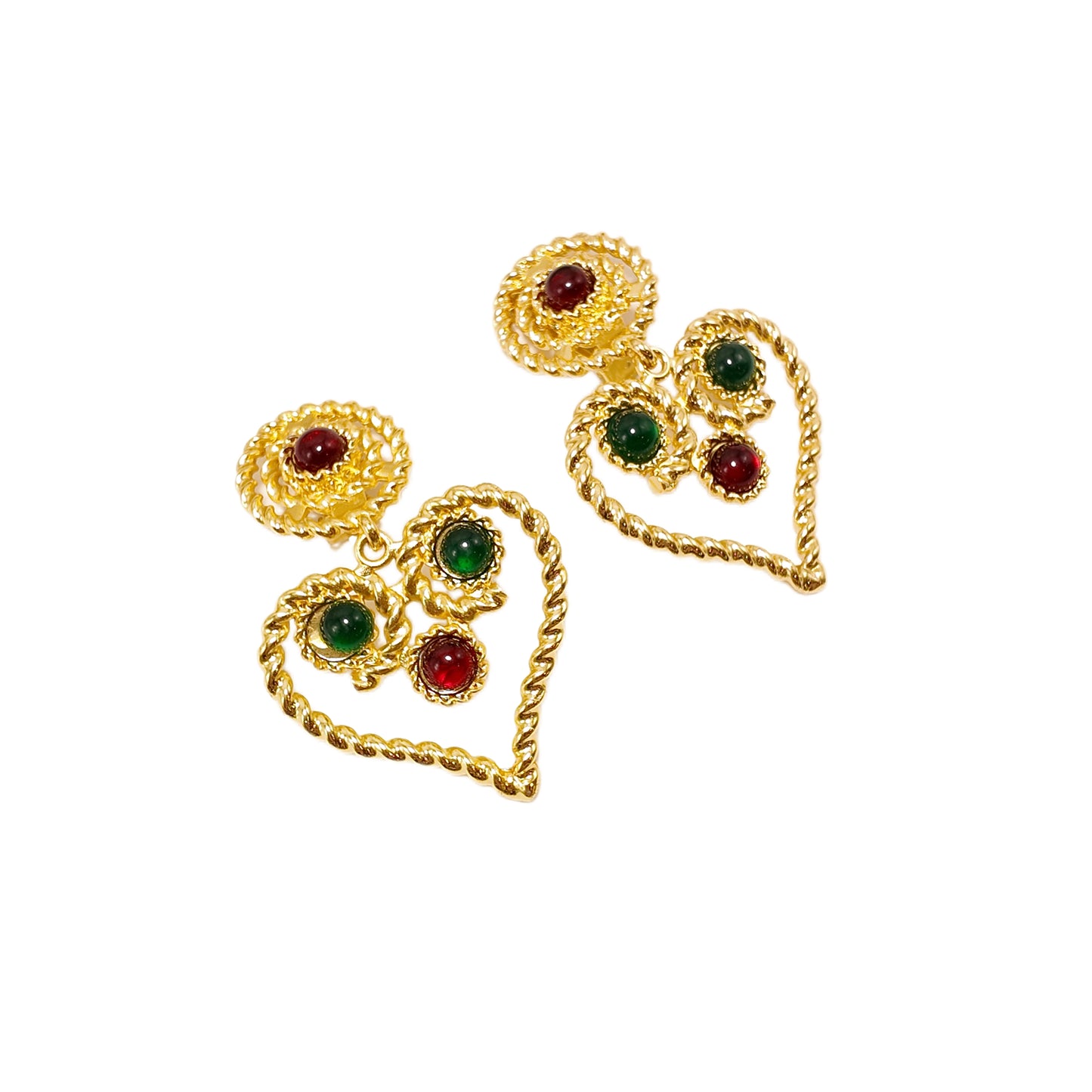 "Glass Heart Flame"Vintage red green glass clip on earrings heart beatiful lady