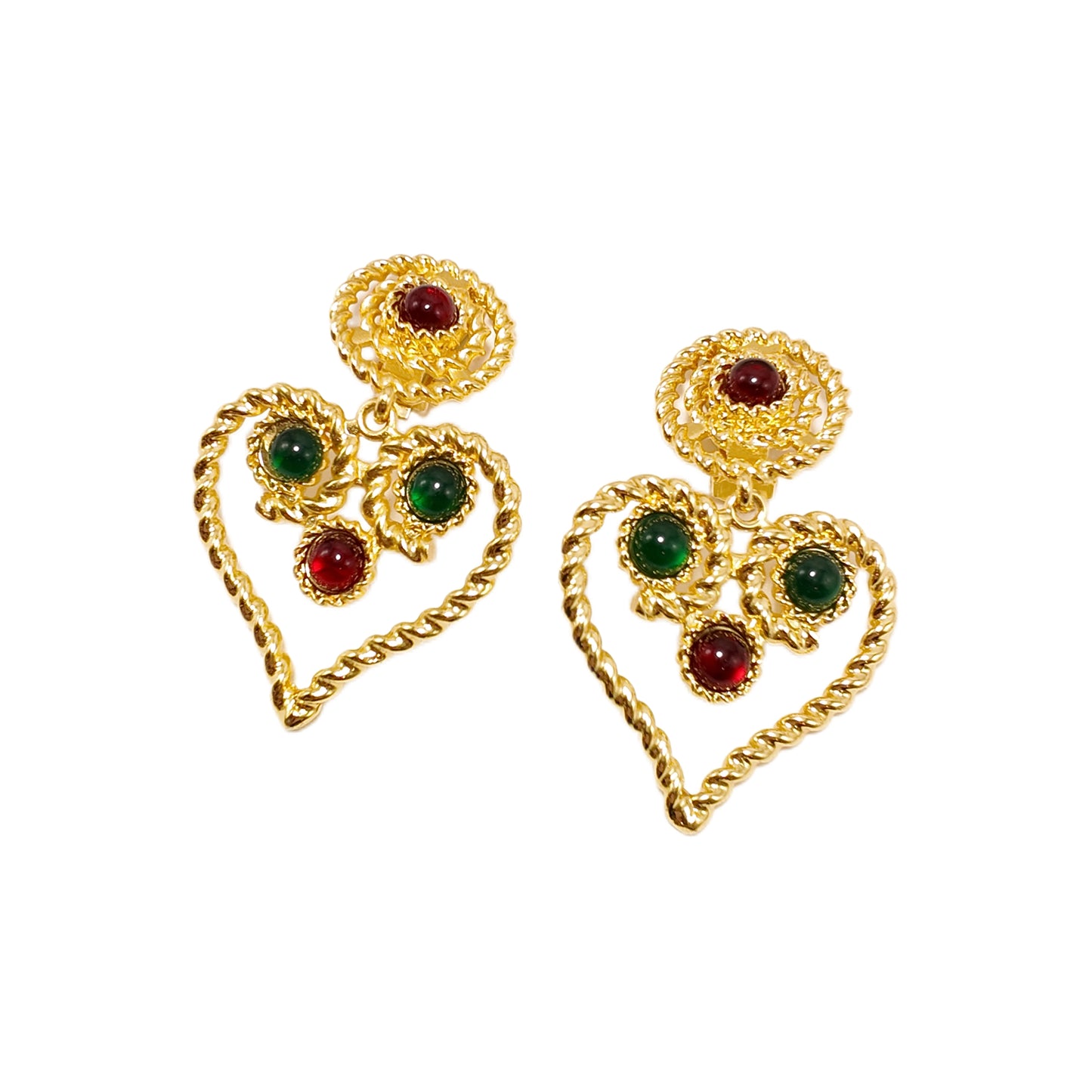 "Glass Heart Flame"Vintage red green glass clip on earrings heart beatiful lady