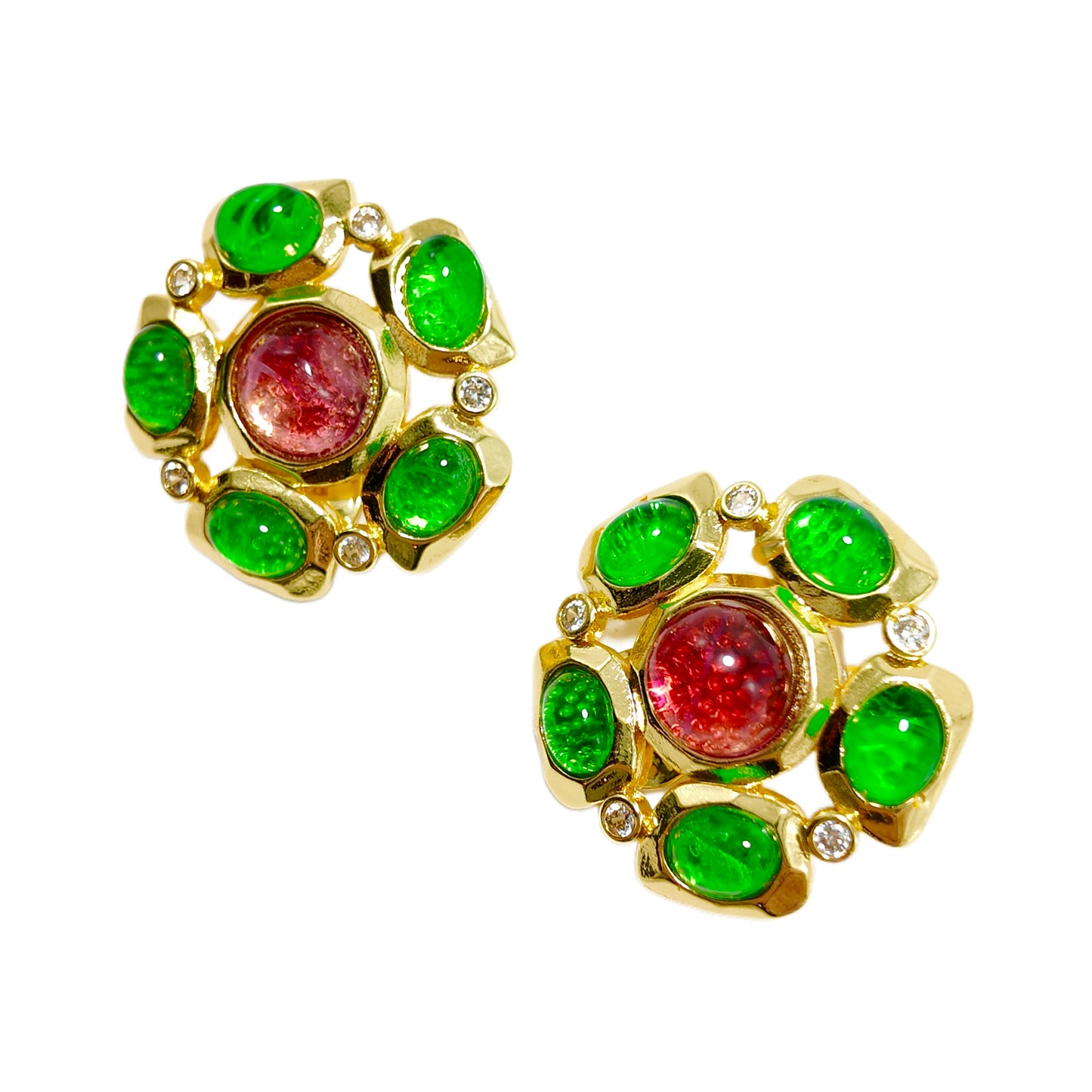 Red and green two-color glass splicing flower ear clip, palace retro romantic retro