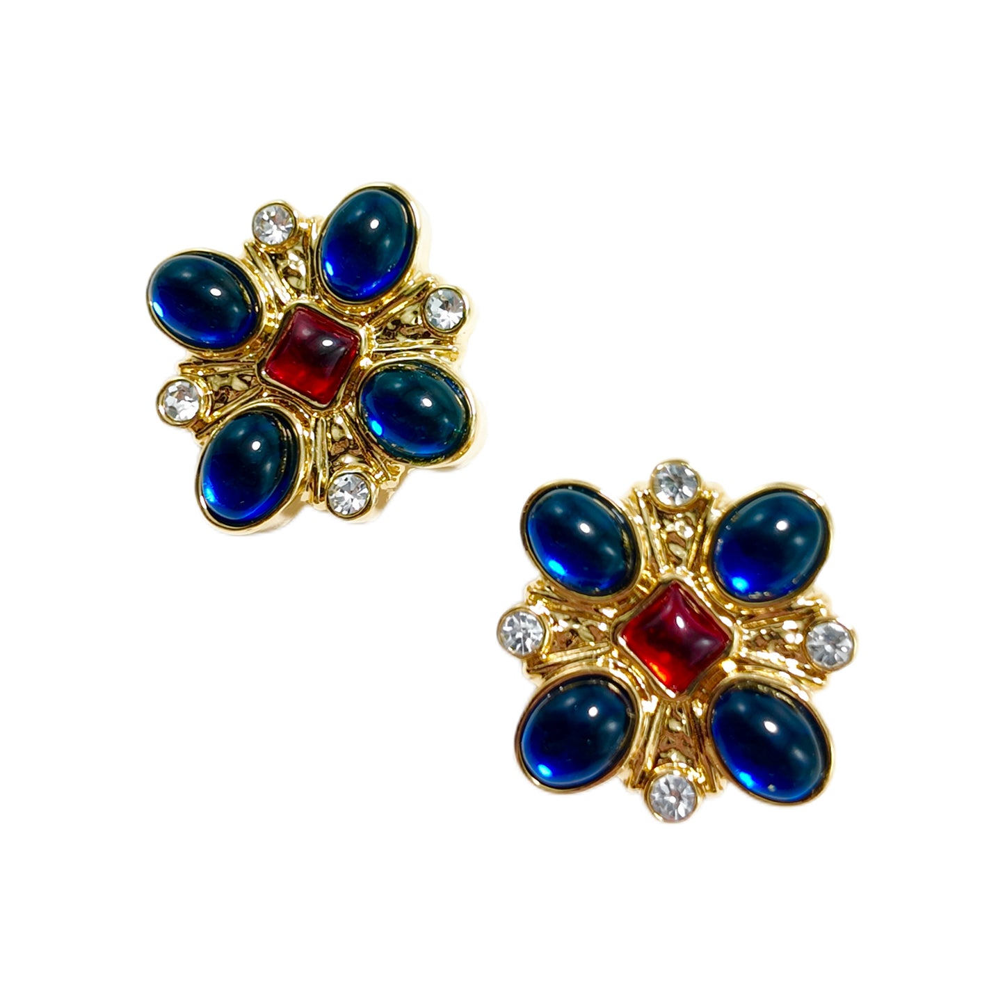 Vintage cross ear clip KAMELIYA marking blue red glazed with diamonds palace retro style