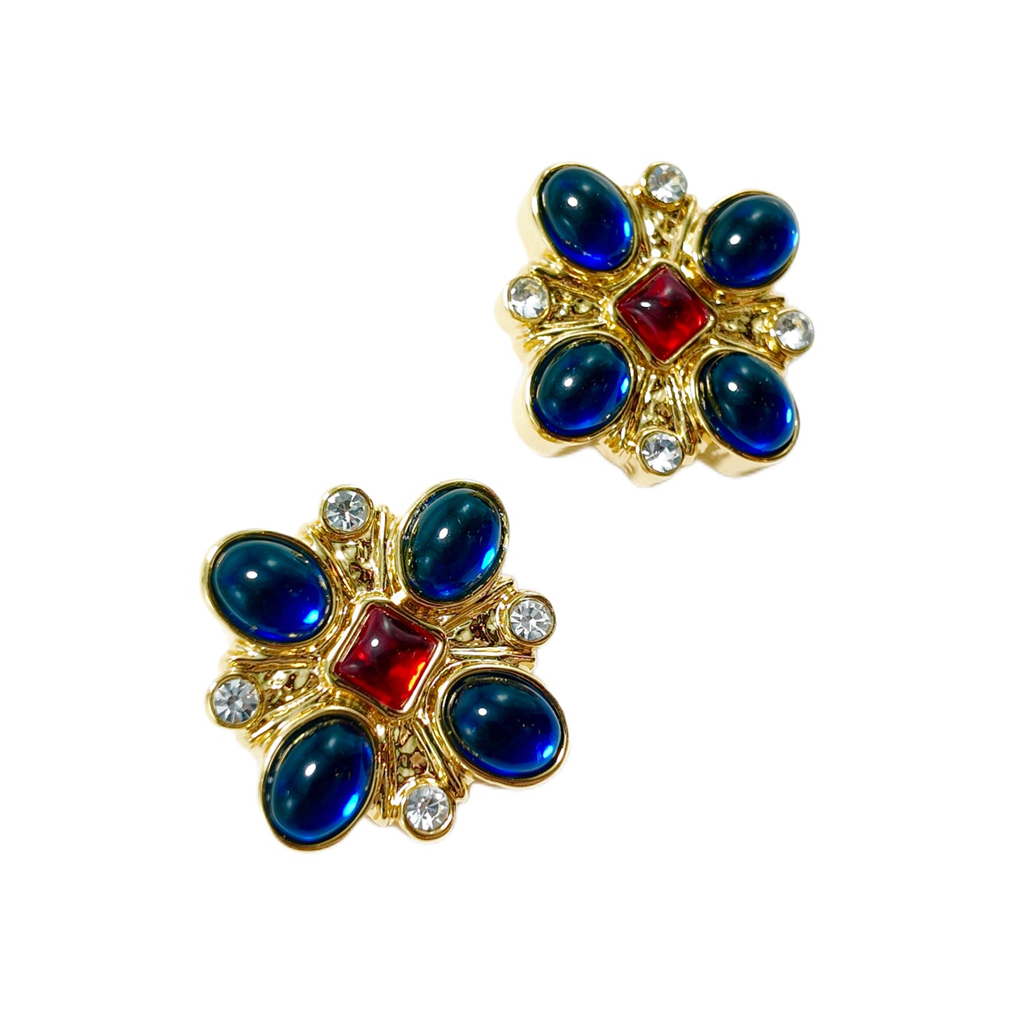 Vintage cross ear clip KAMELIYA marking blue red glazed with diamonds palace retro style