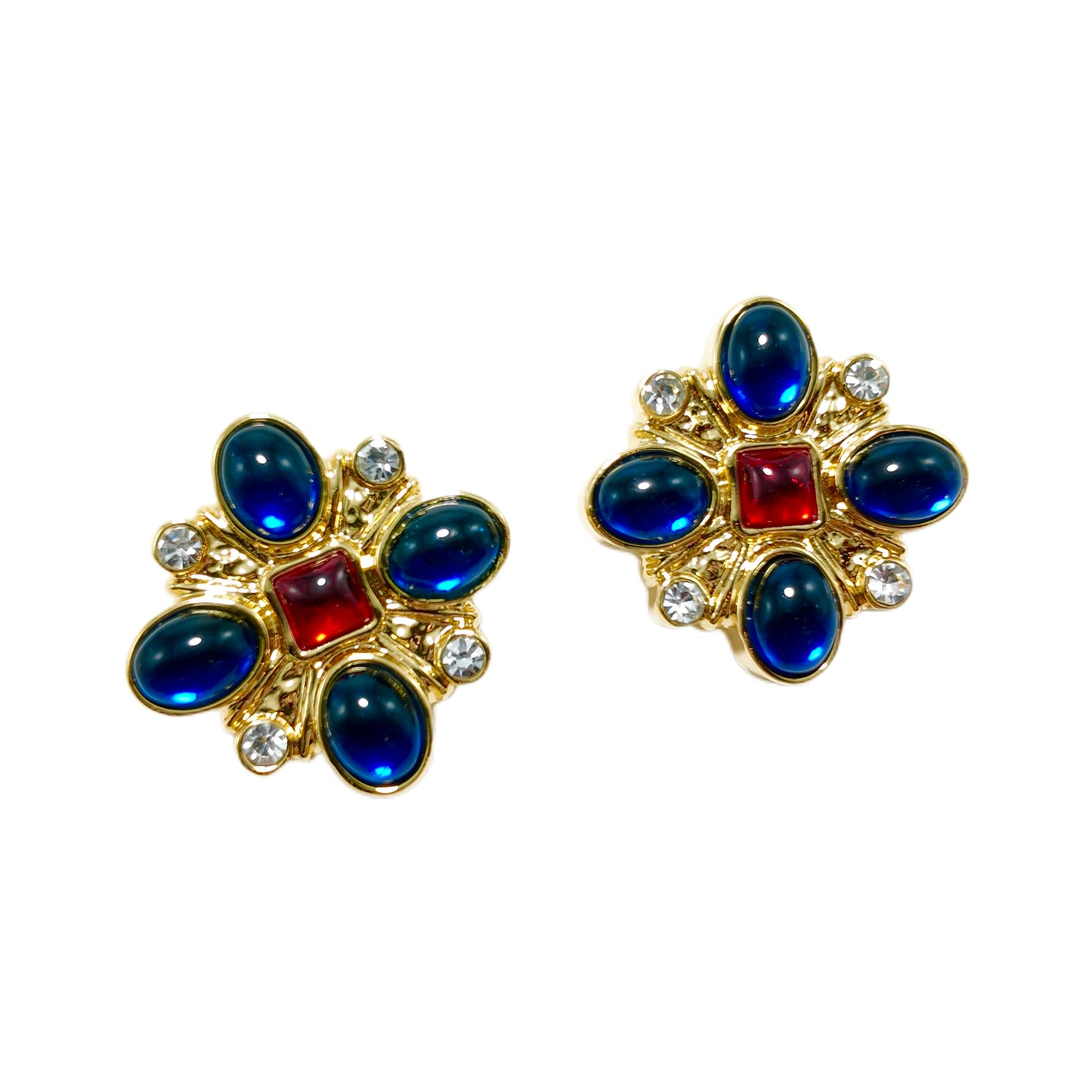 Vintage cross ear clip KAMELIYA marking blue red glazed with diamonds palace retro style