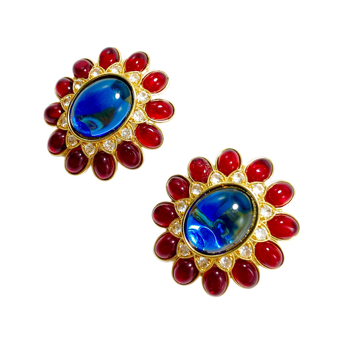 Vintage sunflower shaped ear clip CINER marking red blue glazed with diamonds court retro style