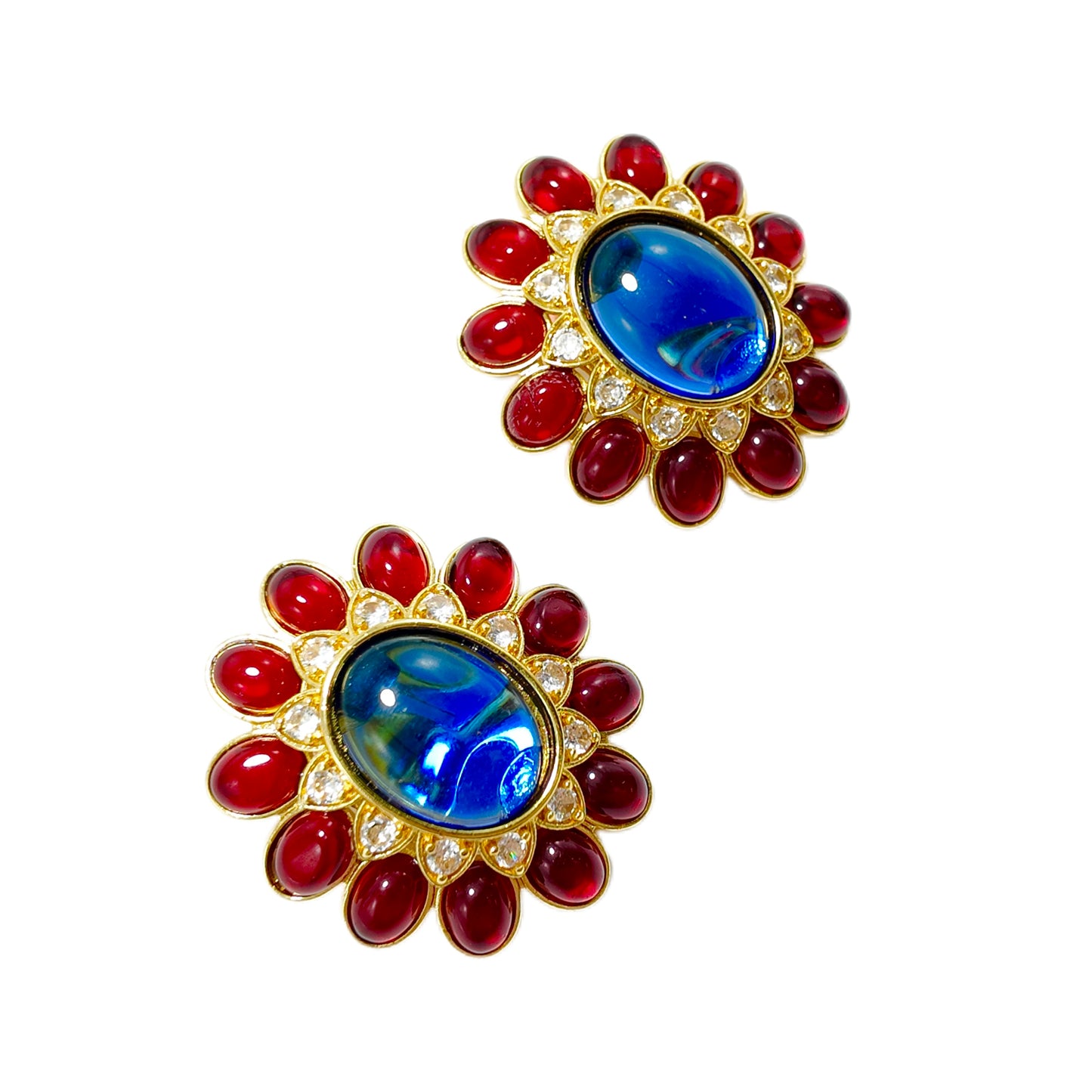 Vintage sunflower shaped ear clip CINER marking red blue glazed with diamonds court retro style