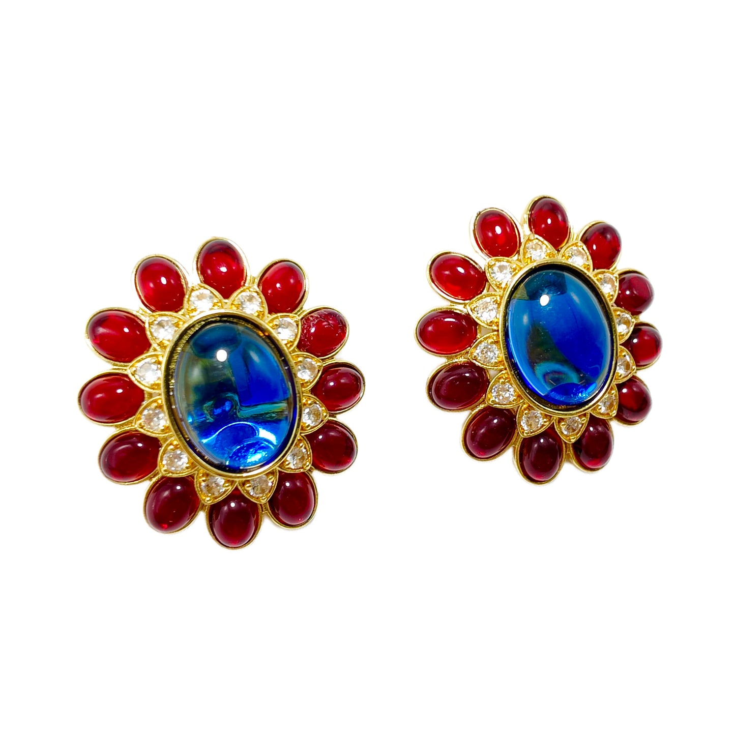 Vintage sunflower shaped ear clip CINER marking red blue glazed with diamonds court retro style