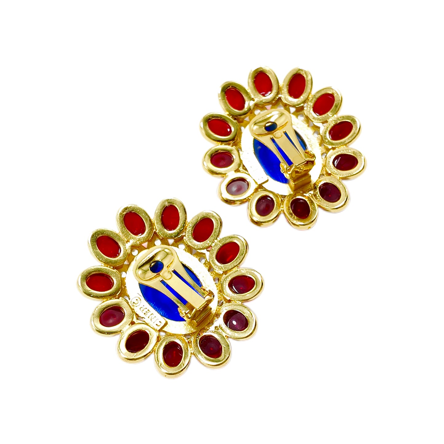 Vintage sunflower shaped ear clip CINER marking red blue glazed with diamonds court retro style