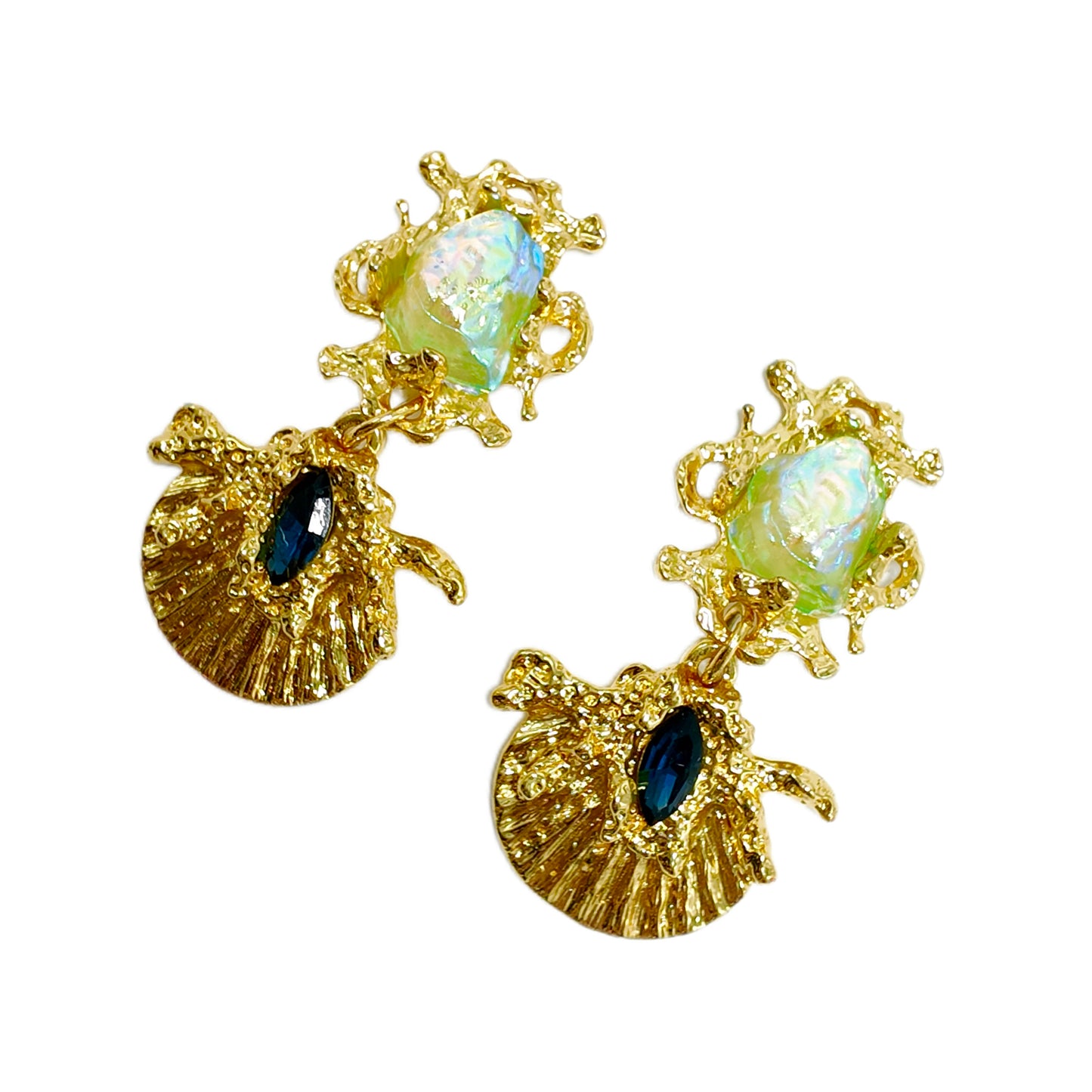 Gavilane Retro King Mermaid Hime Shell Green Chapalli Glass Earrings Earclip Palace Retro