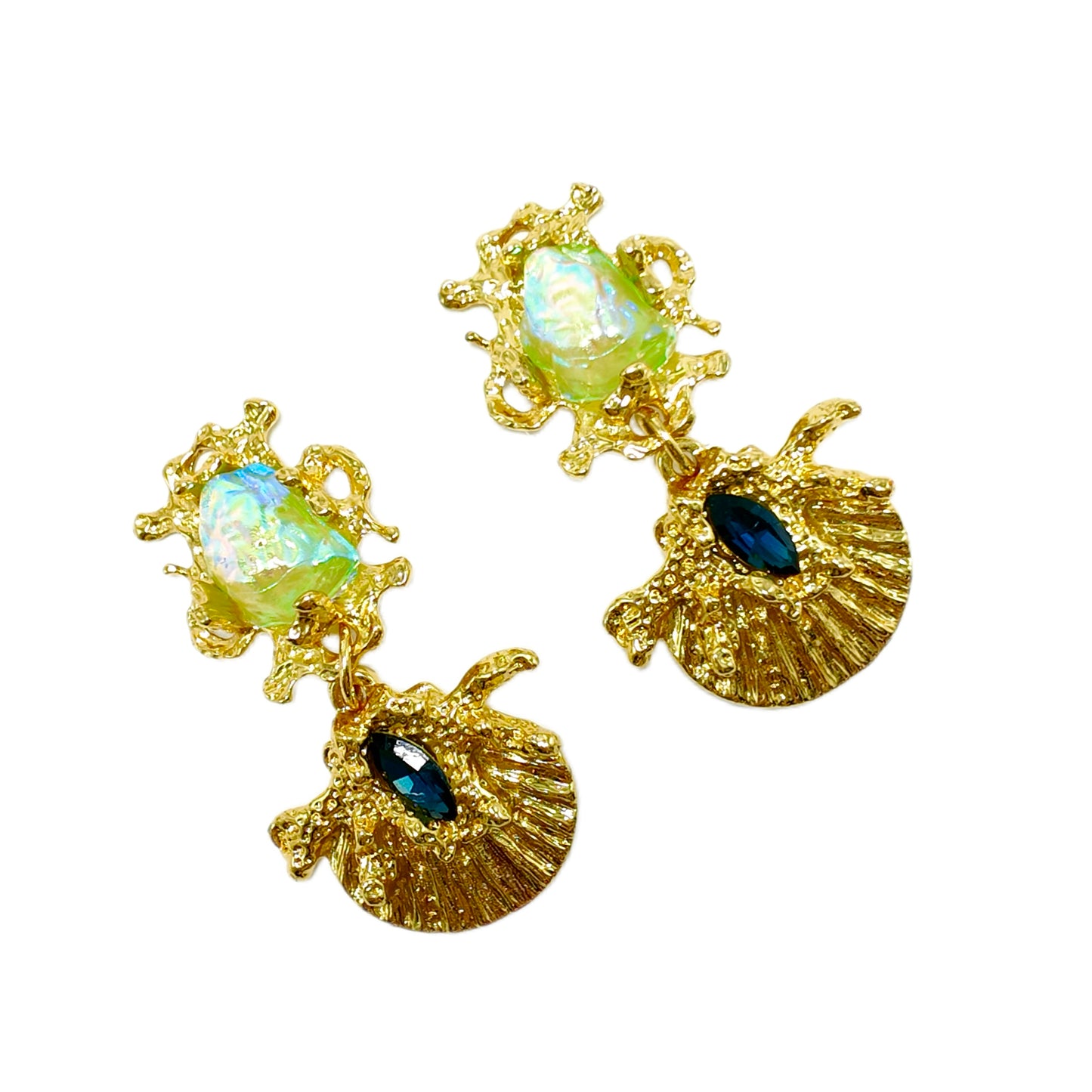 Gavilane Retro King Mermaid Hime Shell Green Chapalli Glass Earrings Earclip Palace Retro
