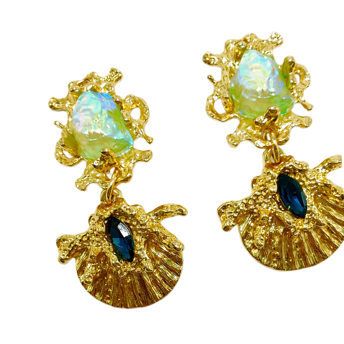 Gavilane Retro King Mermaid Hime Shell Green Chapalli Glass Earrings Earclip Palace Retro