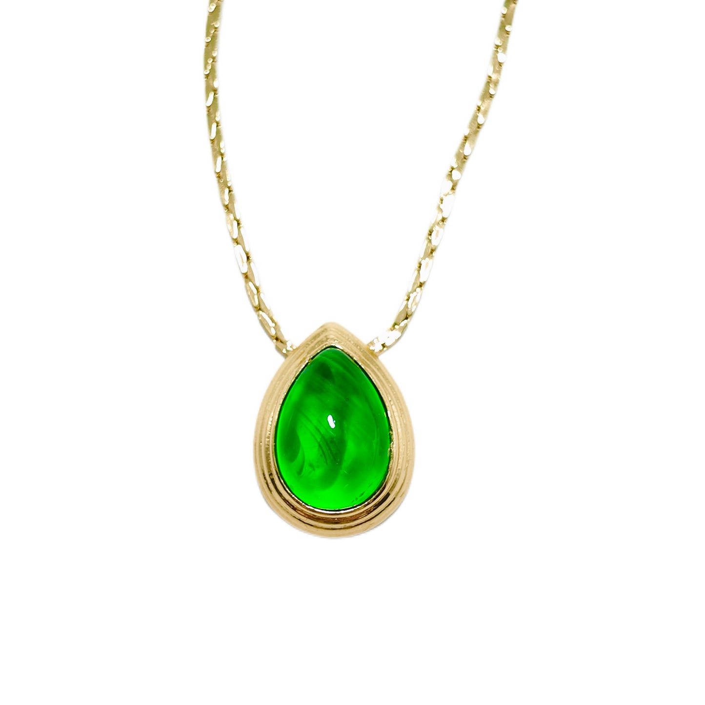 Vintage snake bone fine necklace with green cloud patterned glass extension chain design court retro