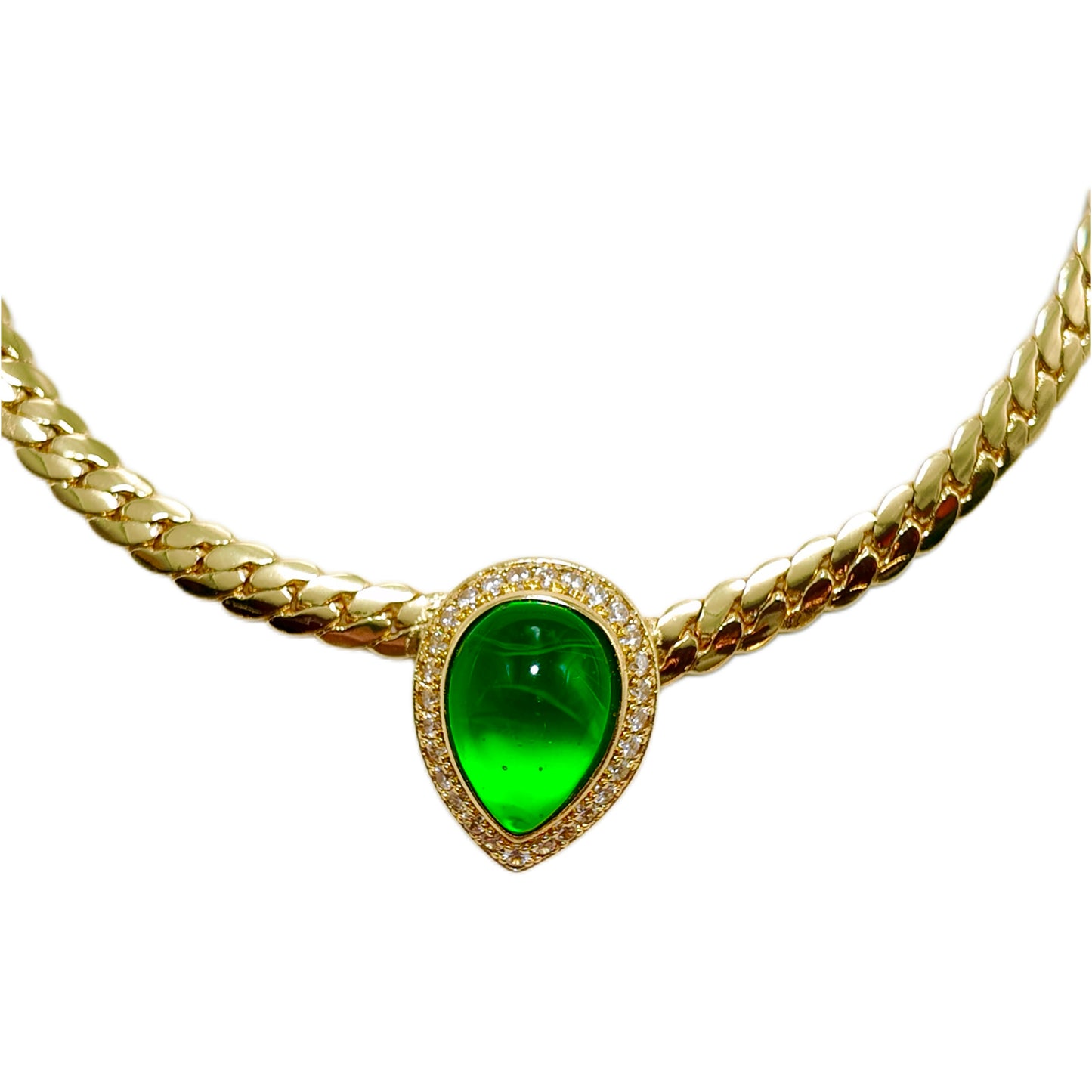 Vintage snake bone necklace with green cloud patterned glass extension chain design court retro