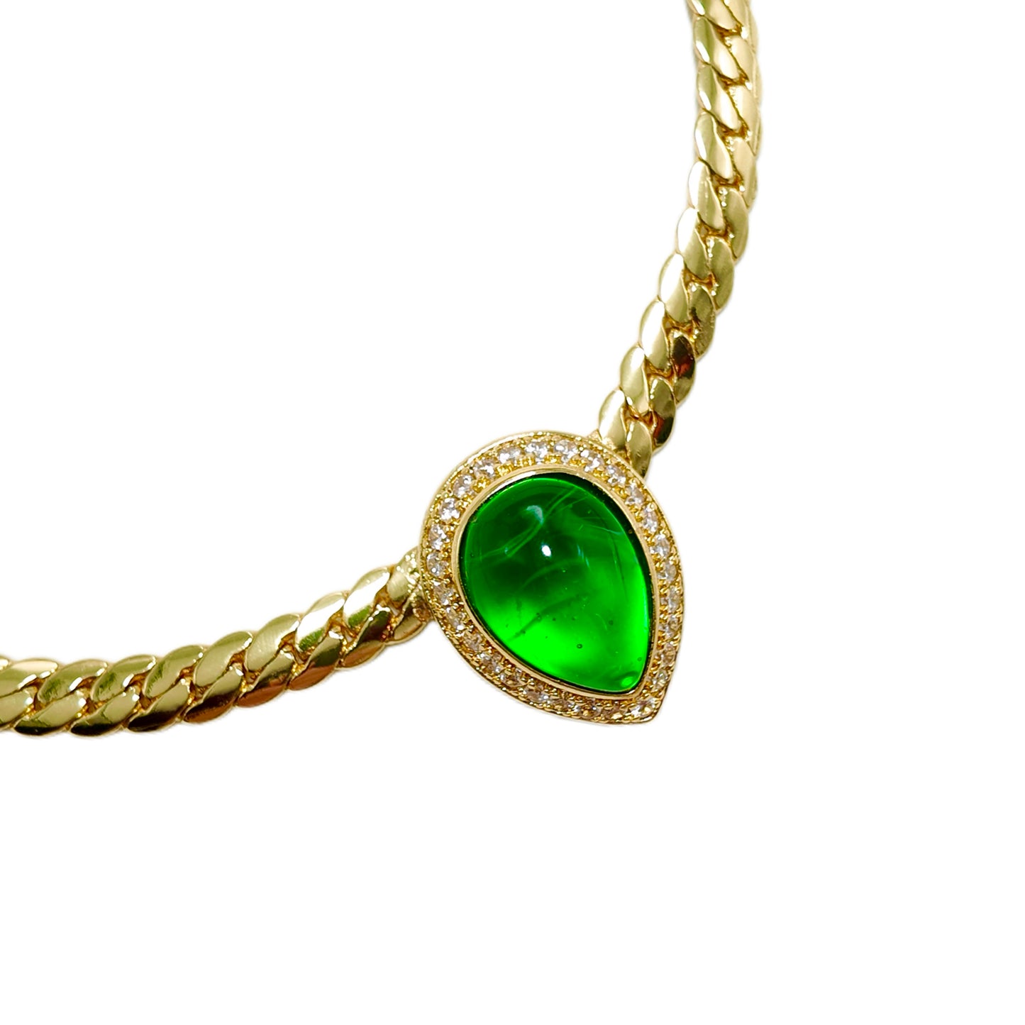 Vintage snake bone necklace with green cloud patterned glass extension chain design court retro