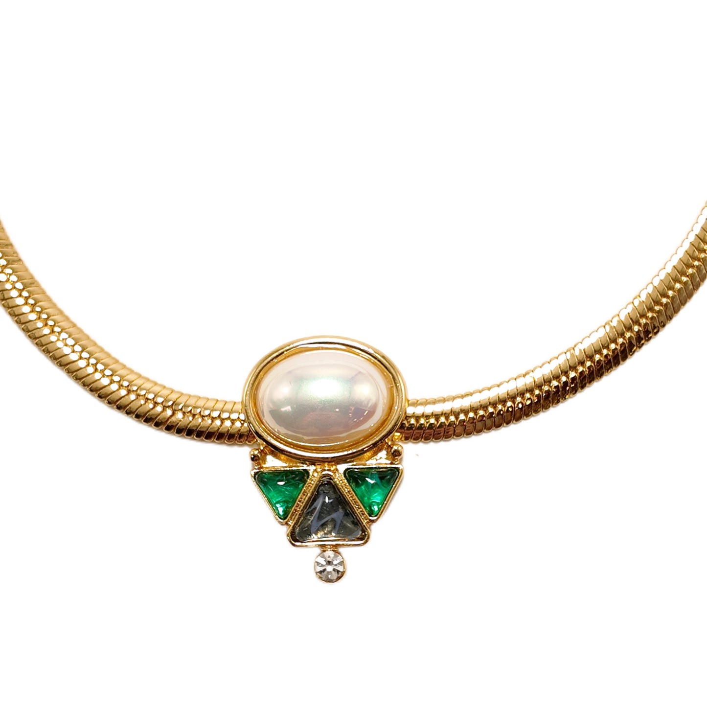 Vintage inverted triangle necklace with blue green cloud patterned glass imitation pearl inlay court retro style