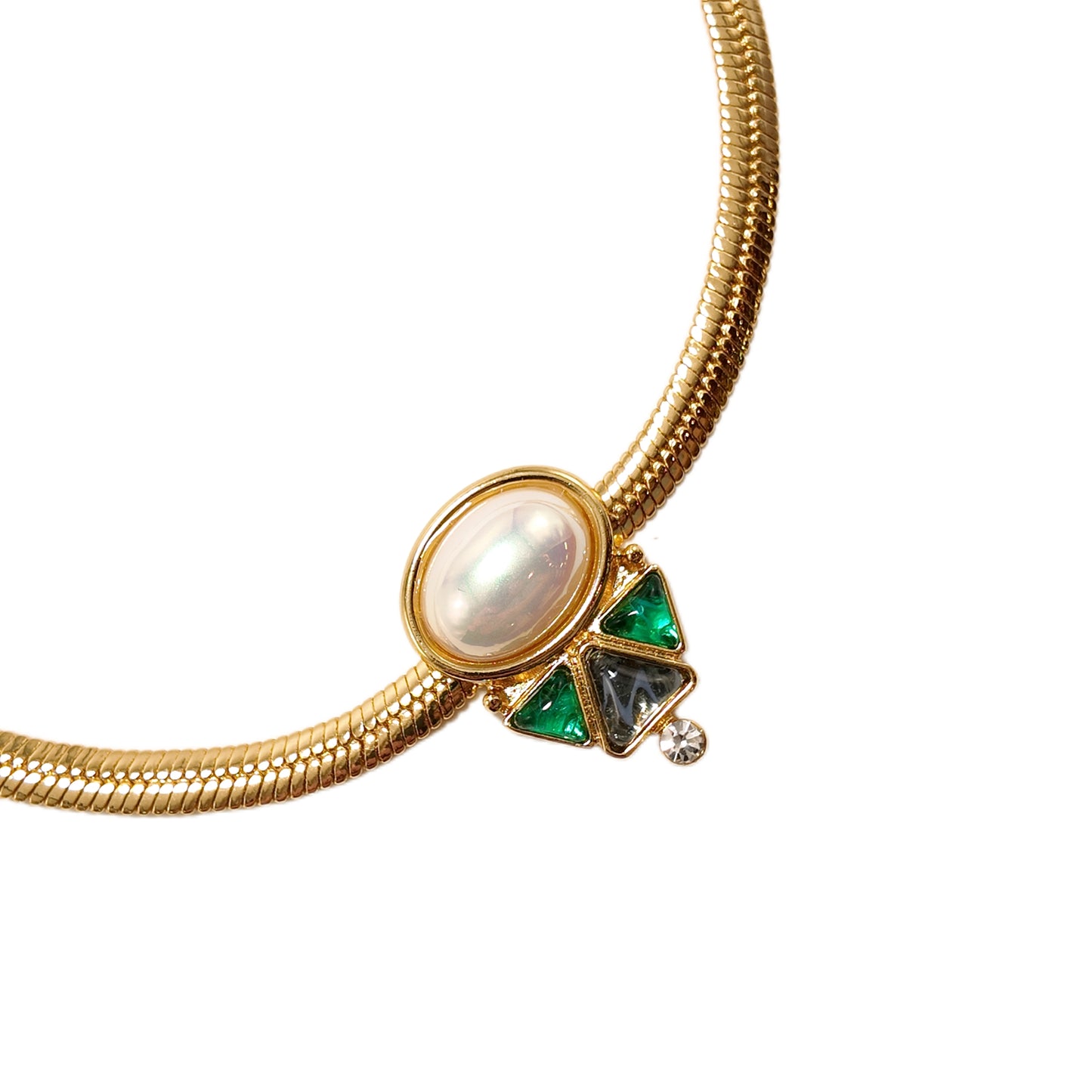 Vintage inverted triangle necklace with blue green cloud patterned glass imitation pearl inlay court retro style