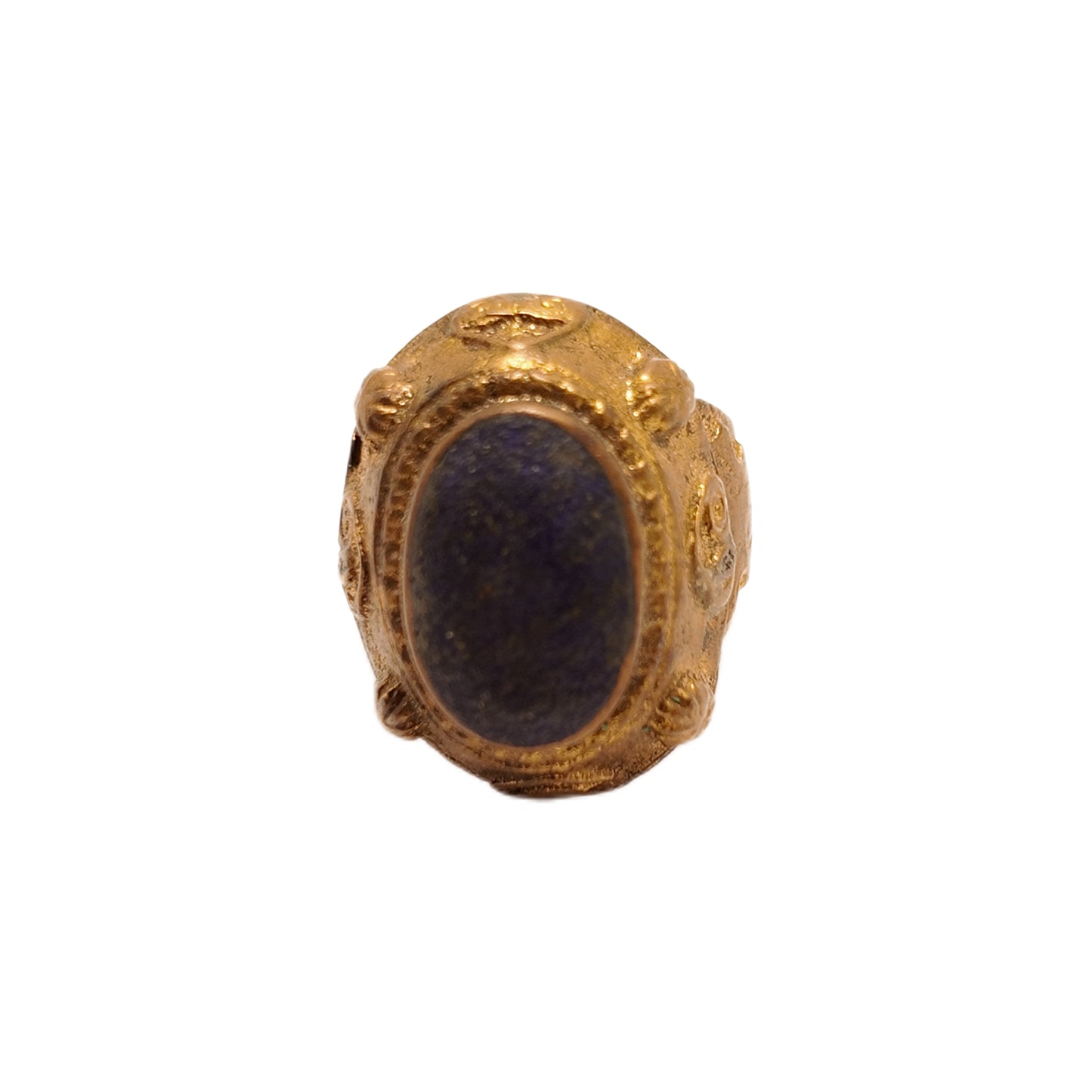 Vintage British 1960s blue natural stone brass ring with oval three-dimensional pattern court retro style