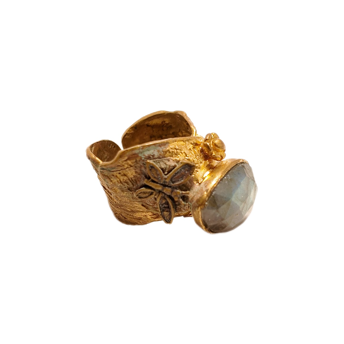 Vintage British 1960s Natural Stone Brass Open Ring, Three Dimensional Butterfly Palace Vintage Style