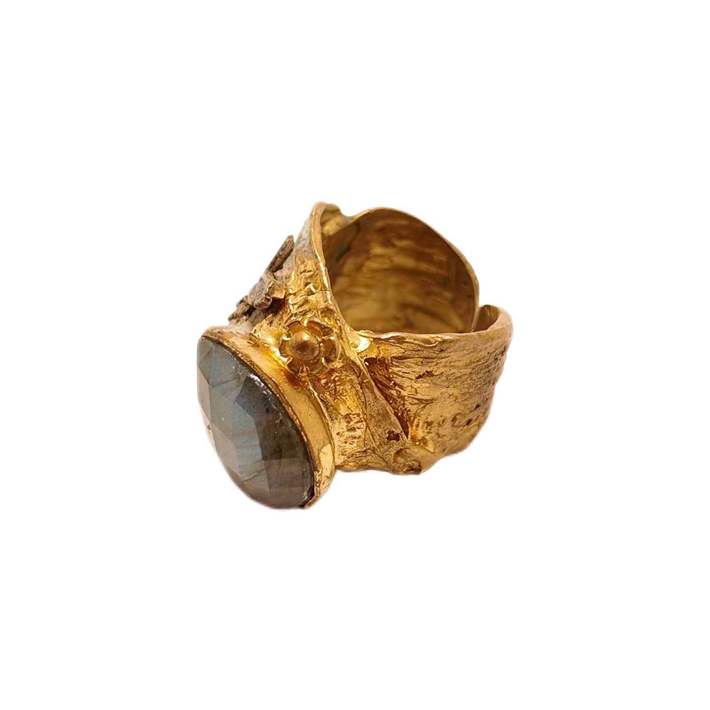 Vintage British 1960s Natural Stone Brass Open Ring, Three Dimensional Butterfly Palace Vintage Style