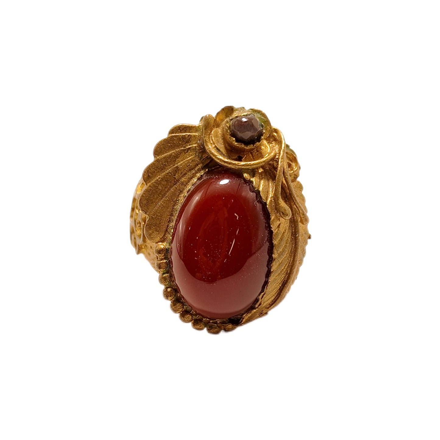 Vintage British 1960s Red Agate Brass Ring with Three Dimensional Pattern Palace Vintage Style