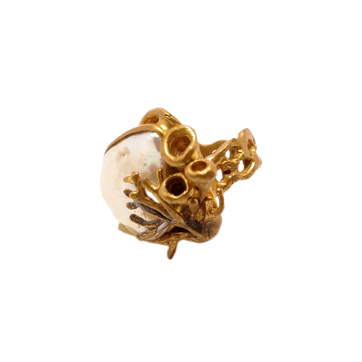 Vintage British 1960s Baroque Pearl Brass Open Ring with Three Dimensional Hollow Pattern Palace Vintage Style