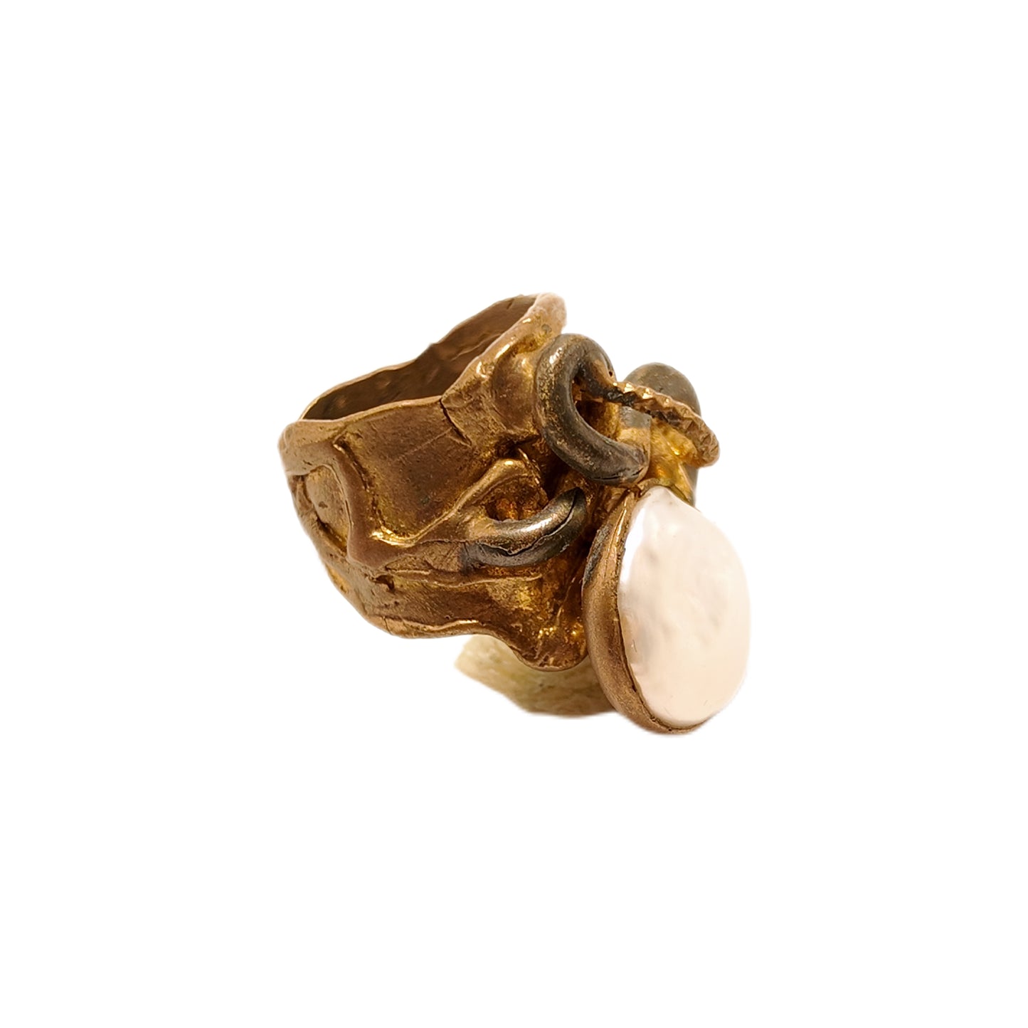 Vintage British 1960s Natural Baroque Pearl Brass Open Ring with Three Dimensional Serpentine Palace Vintage Style