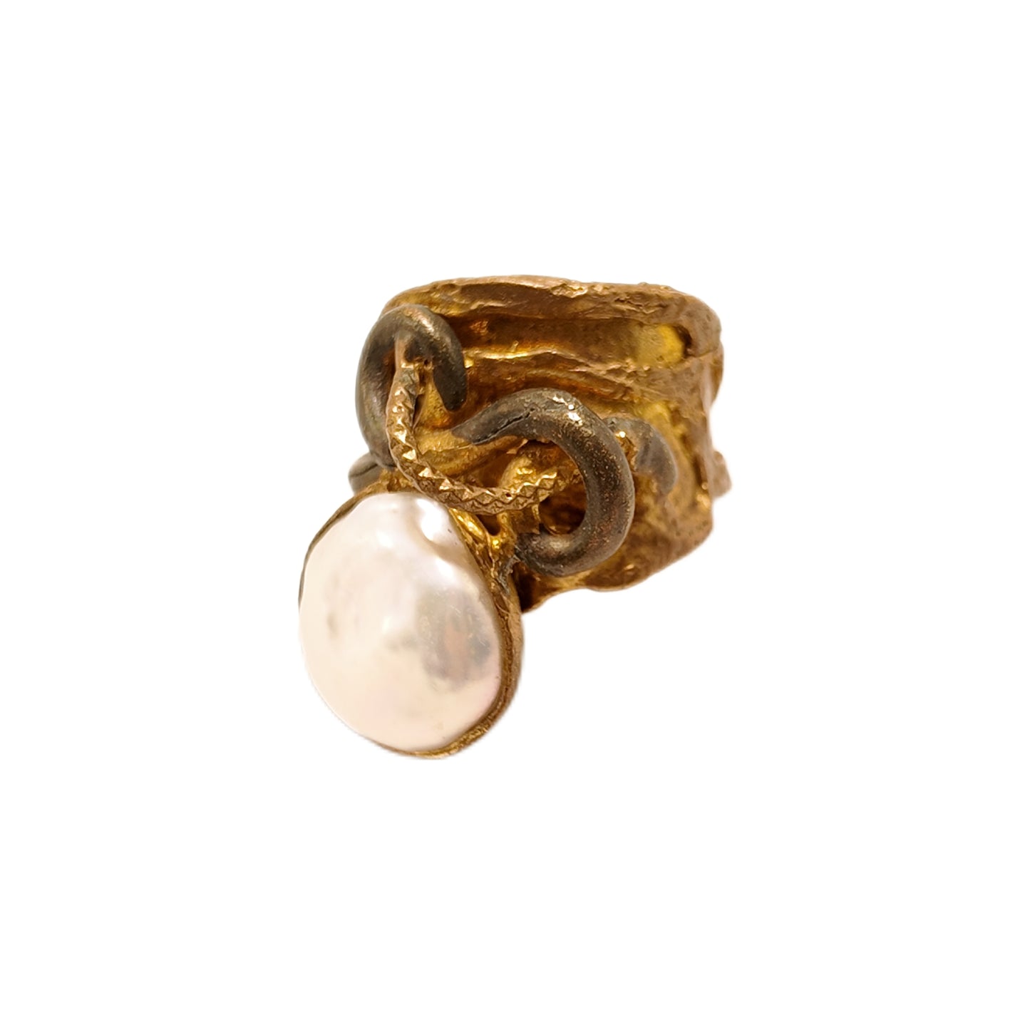 Vintage British 1960s Natural Baroque Pearl Brass Open Ring with Three Dimensional Serpentine Palace Vintage Style