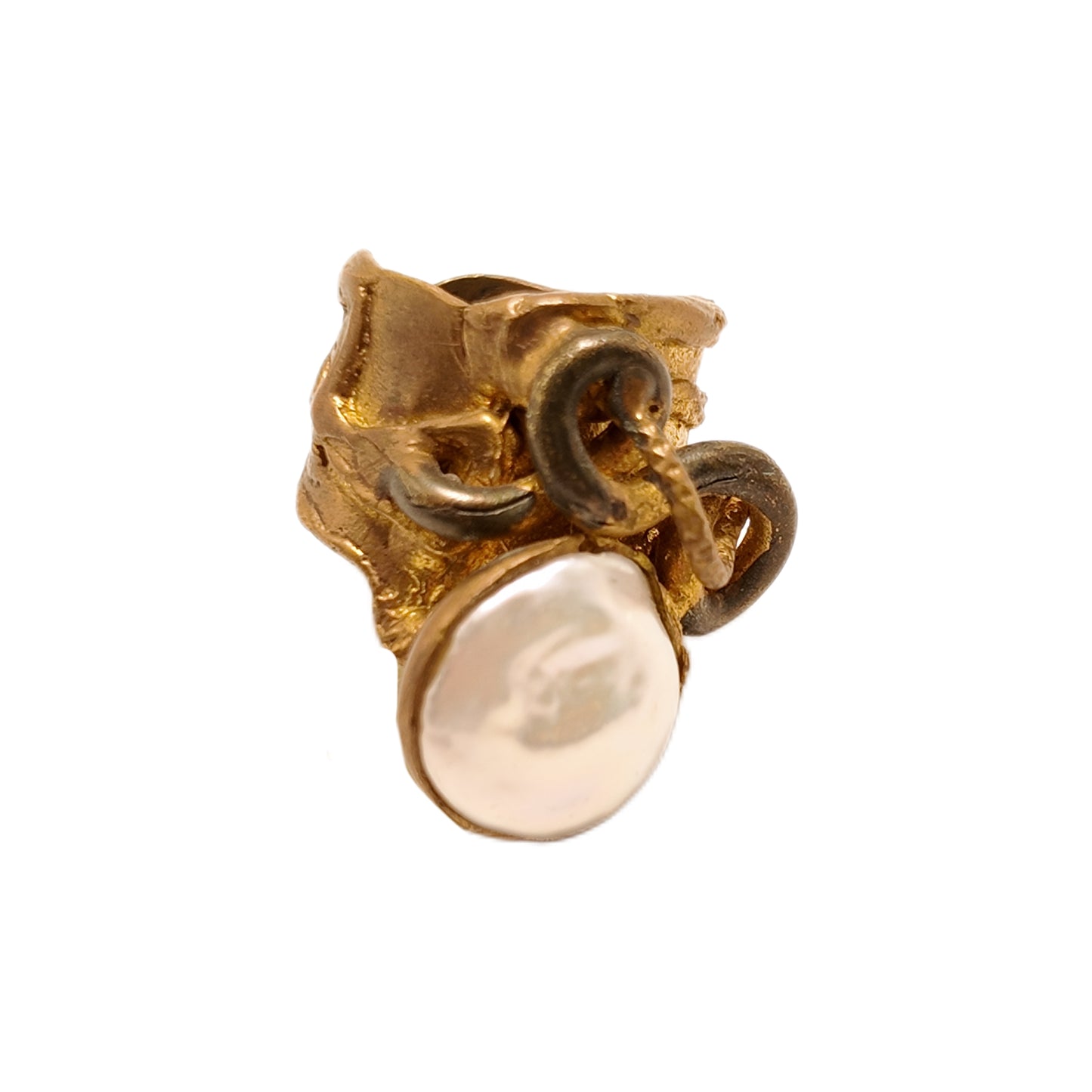 Vintage British 1960s Natural Baroque Pearl Brass Open Ring with Three Dimensional Serpentine Palace Vintage Style