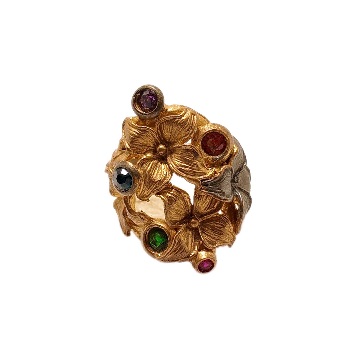 Vintage British 1950s brass open ring with red blue green purple rhinestone flower pattern court retro style