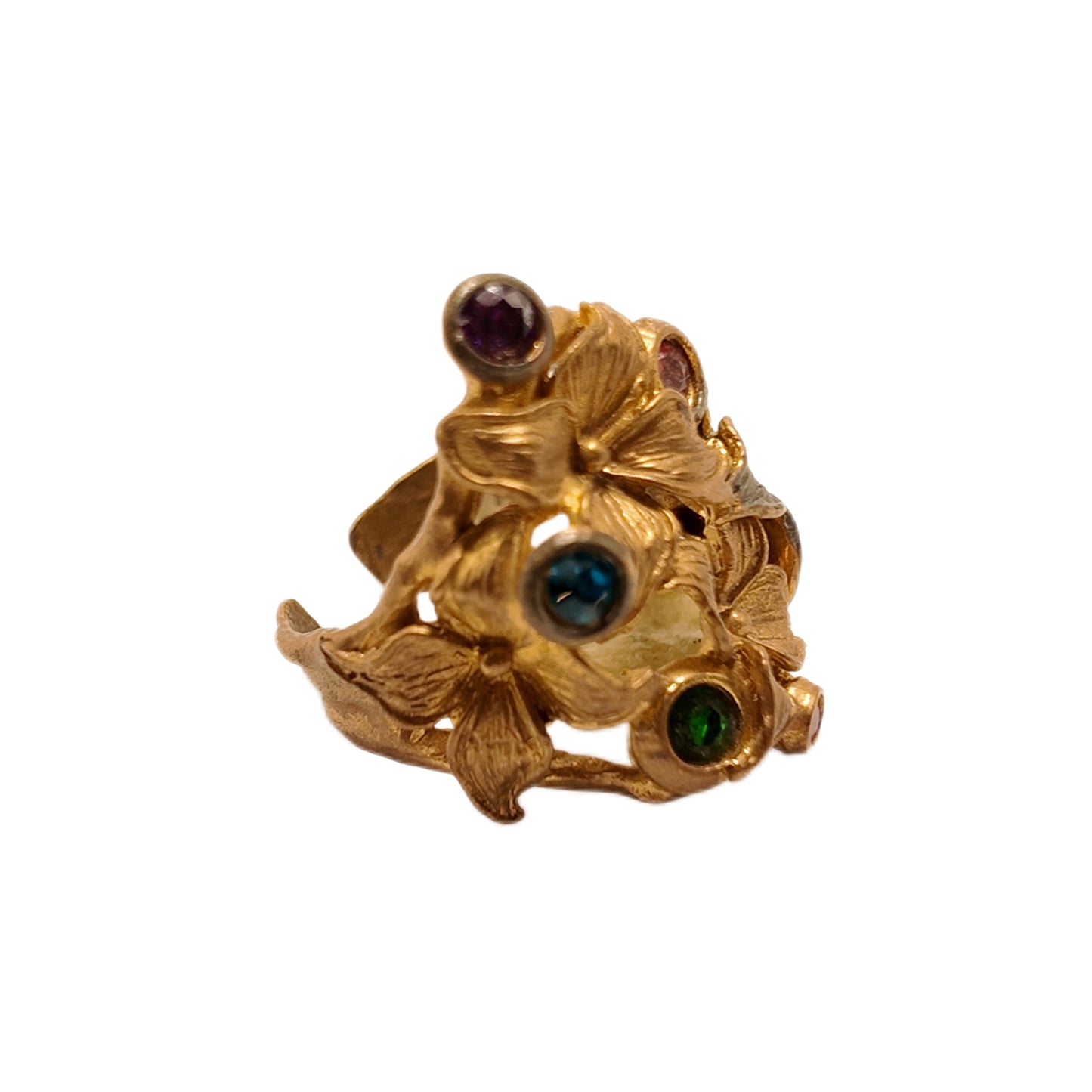 Vintage British 1950s brass open ring with red blue green purple rhinestone flower pattern court retro style