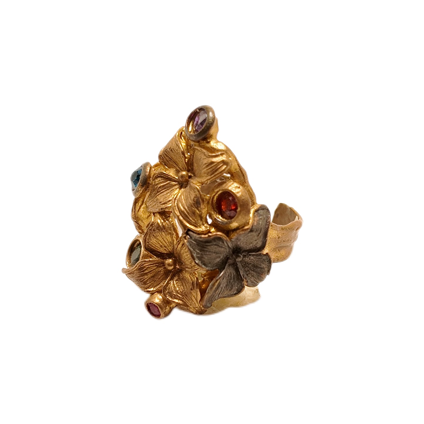 Vintage British 1950s brass open ring with red blue green purple rhinestone flower pattern court retro style