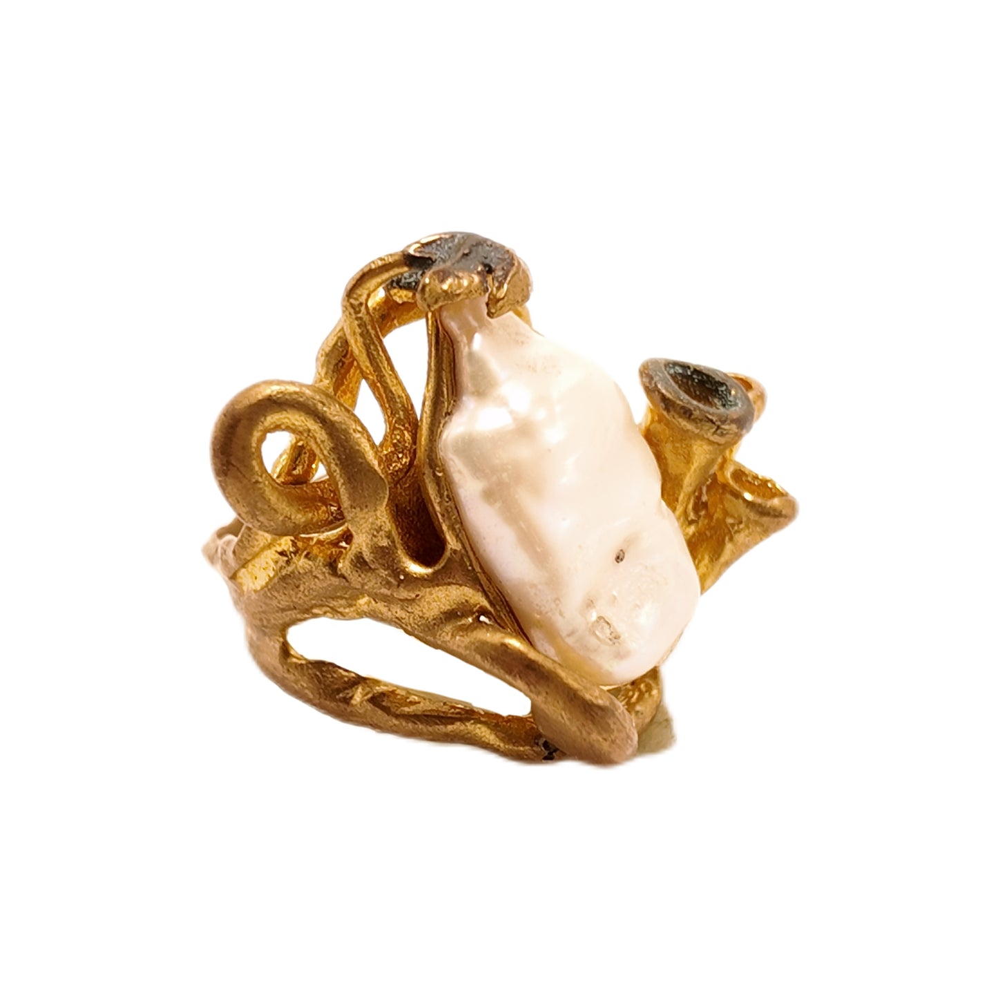 Vintage British 1960s Baroque Pearl Brass Open End Ring with Three Dimensional Surrounding Inlay and Palace Vintage Style