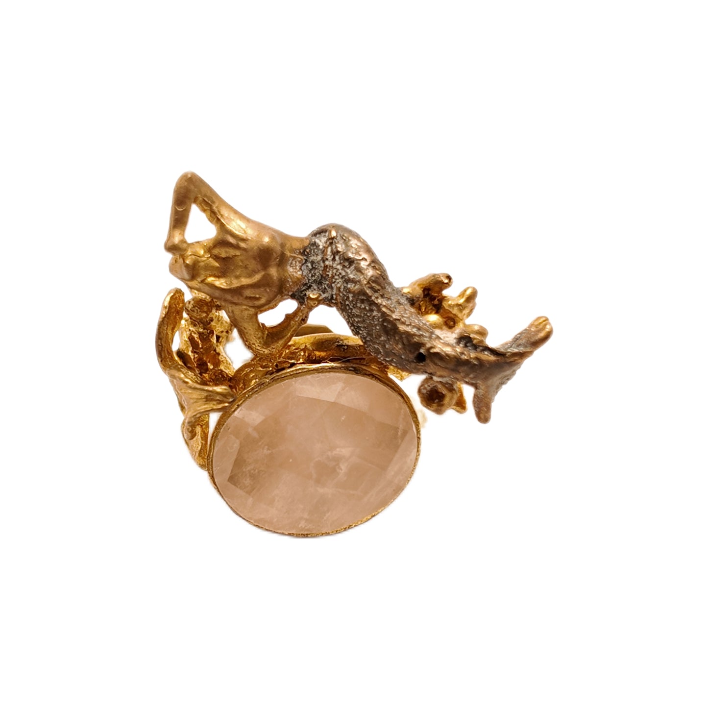 Vintage British 1960s Natural Stone Brass Ring Mermaid Flower Palace Vintage Style