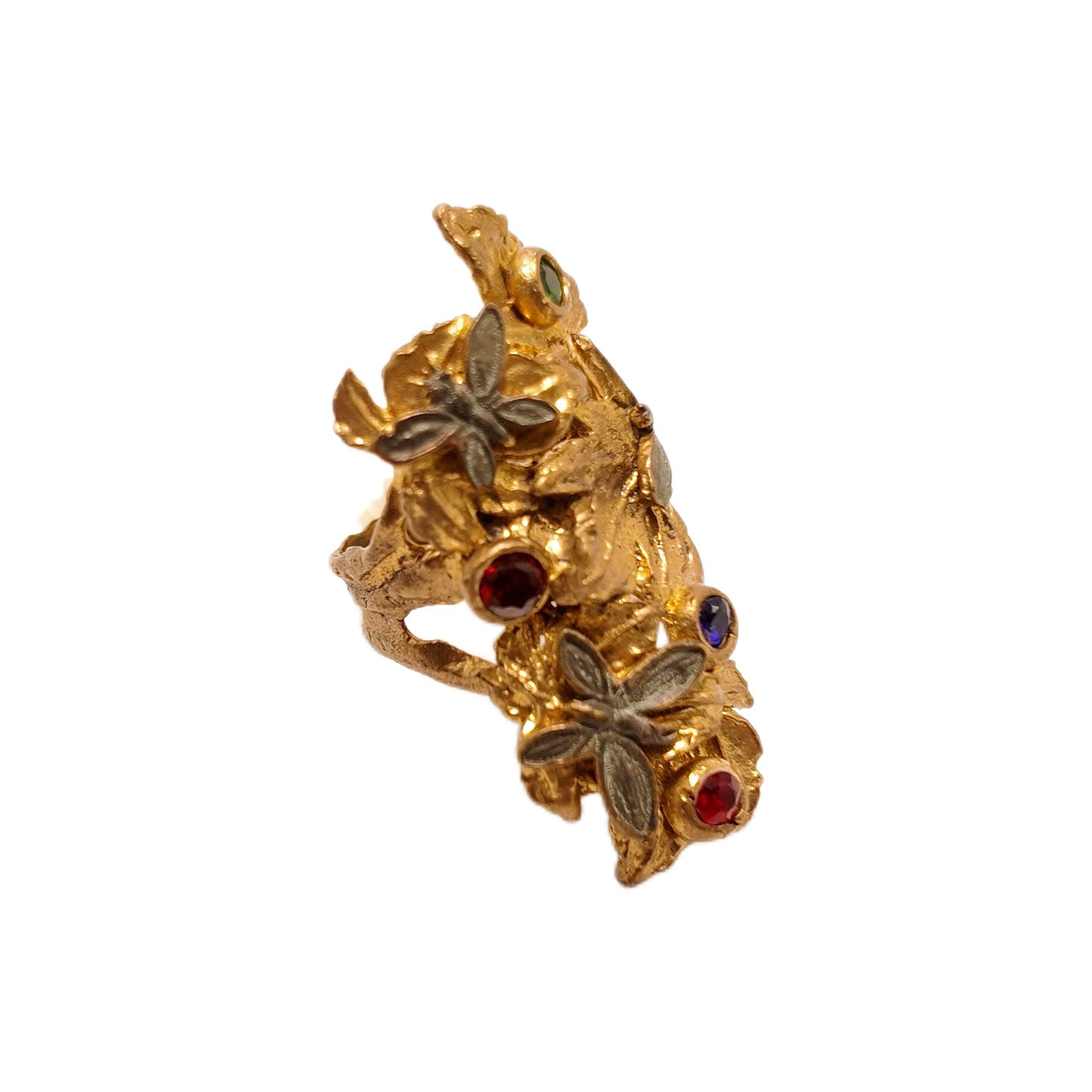 Vintage British 1950s brass ring with red blue green Rhinestone butterfly pattern court retro style