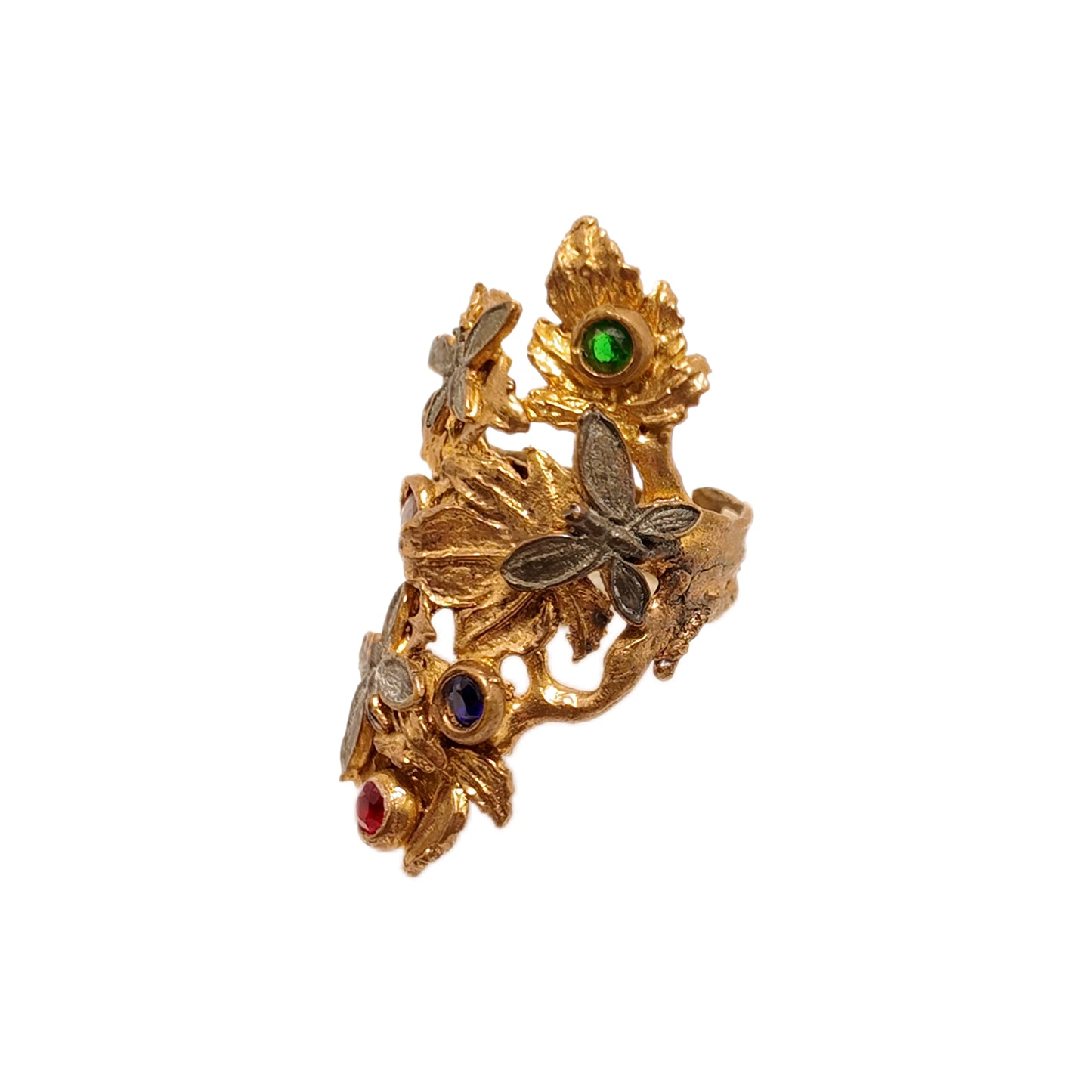 Vintage British 1950s brass ring with red blue green Rhinestone butterfly pattern court retro style