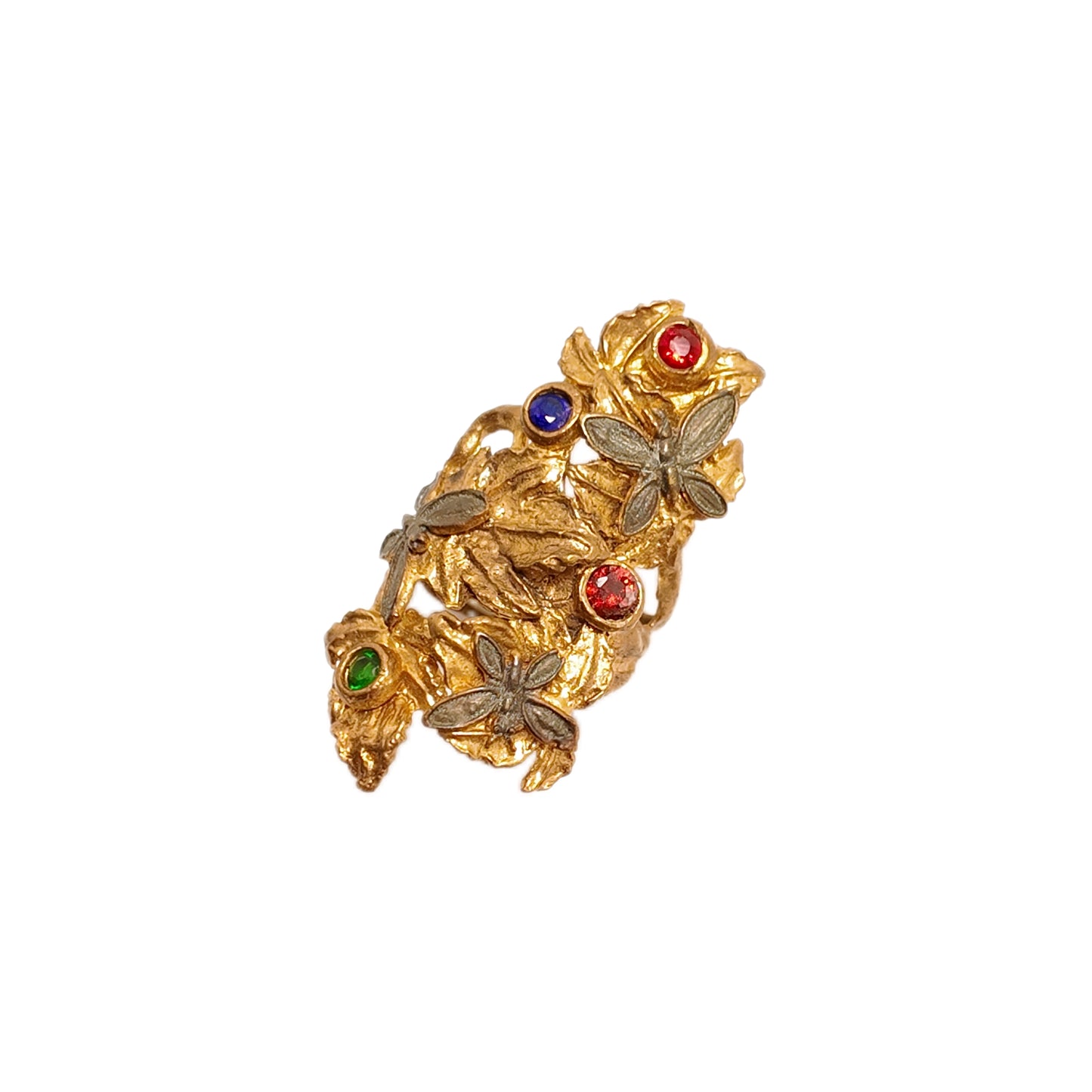 Vintage British 1950s brass ring with red blue green Rhinestone butterfly pattern court retro style