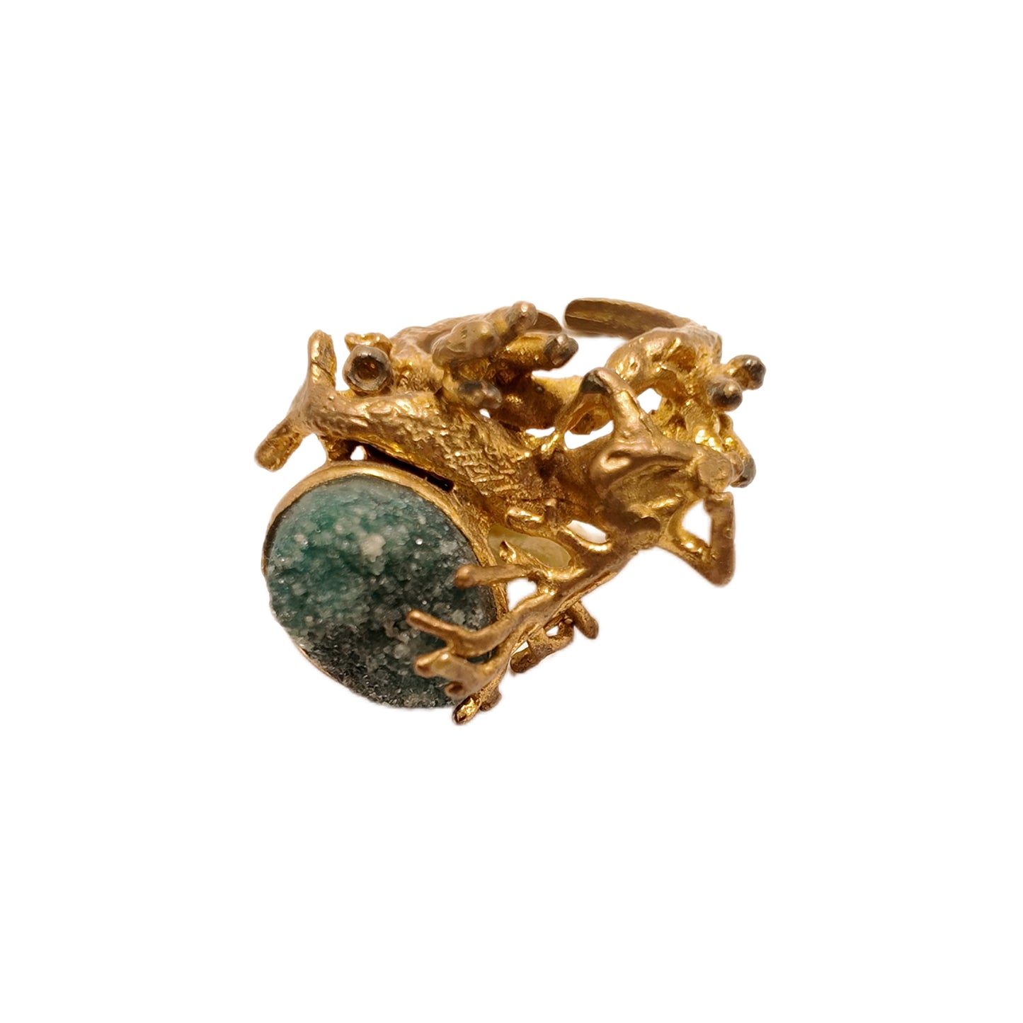 Vintage British 1960s Natural Stone Brass Open Ring Mermaid Three Dimensional Surrounding Palace Vintage Style