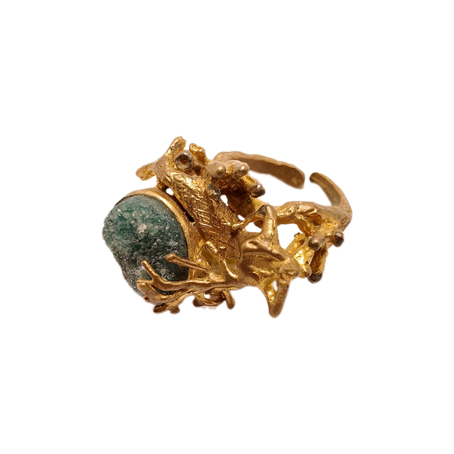 Vintage British 1960s Natural Stone Brass Open Ring Mermaid Three Dimensional Surrounding Palace Vintage Style
