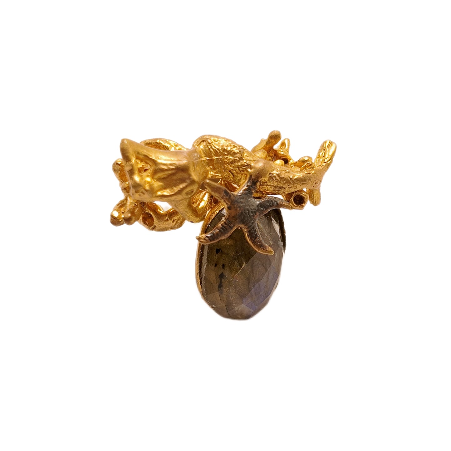 Vintage British 60s Natural Stone Brass Open Ring Mermaid Sea Star Relief Palace Vintage Style