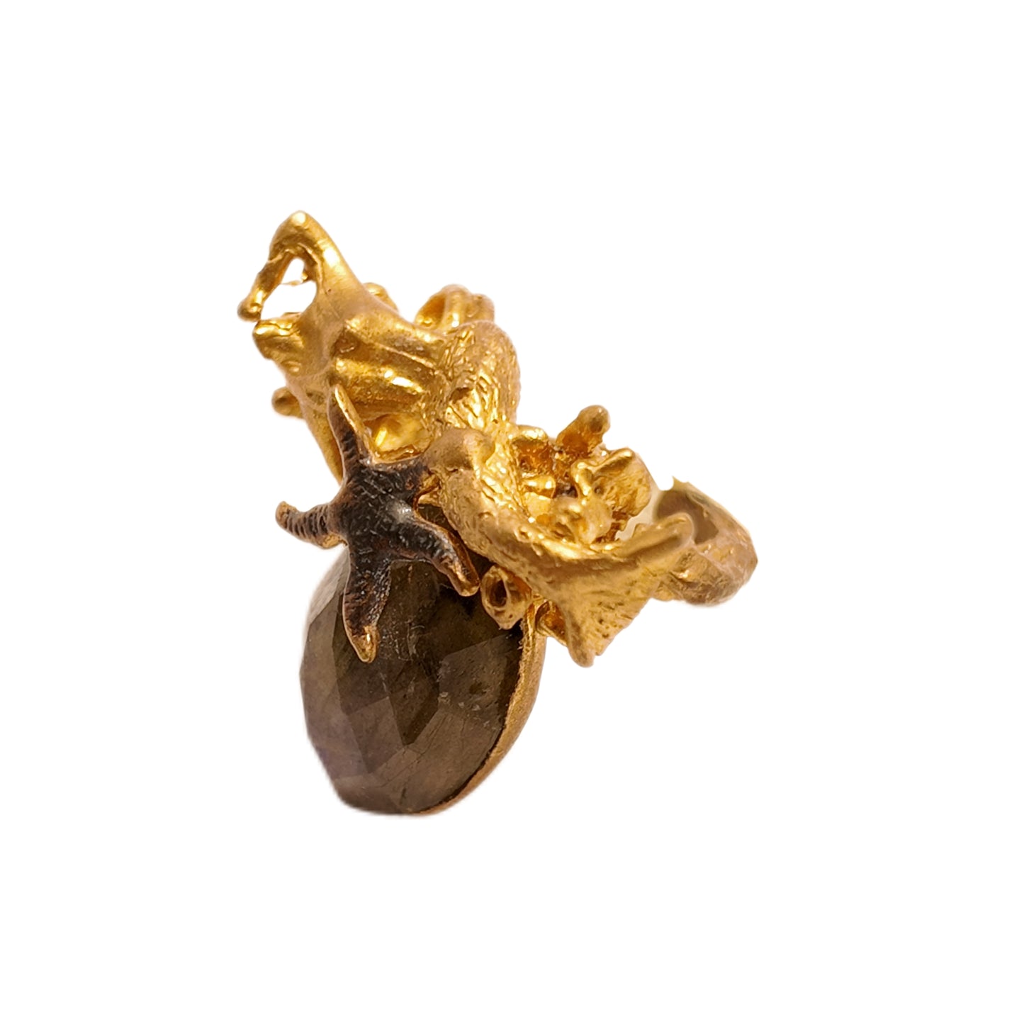 Vintage British 60s Natural Stone Brass Open Ring Mermaid Sea Star Relief Palace Vintage Style