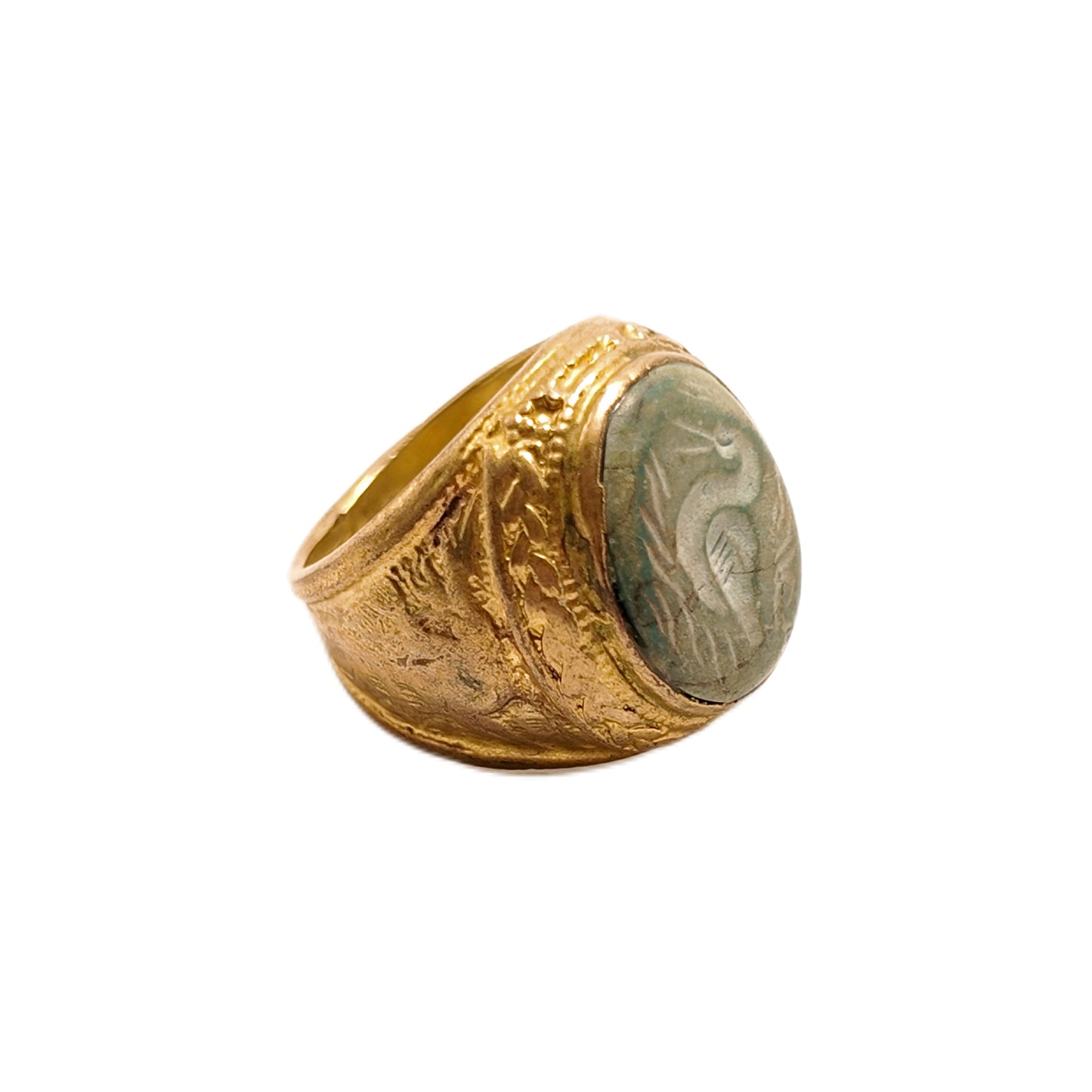 Vintage British 1960s Natural Turquoise Brass Ring Swan Carving Palace Vintage Style