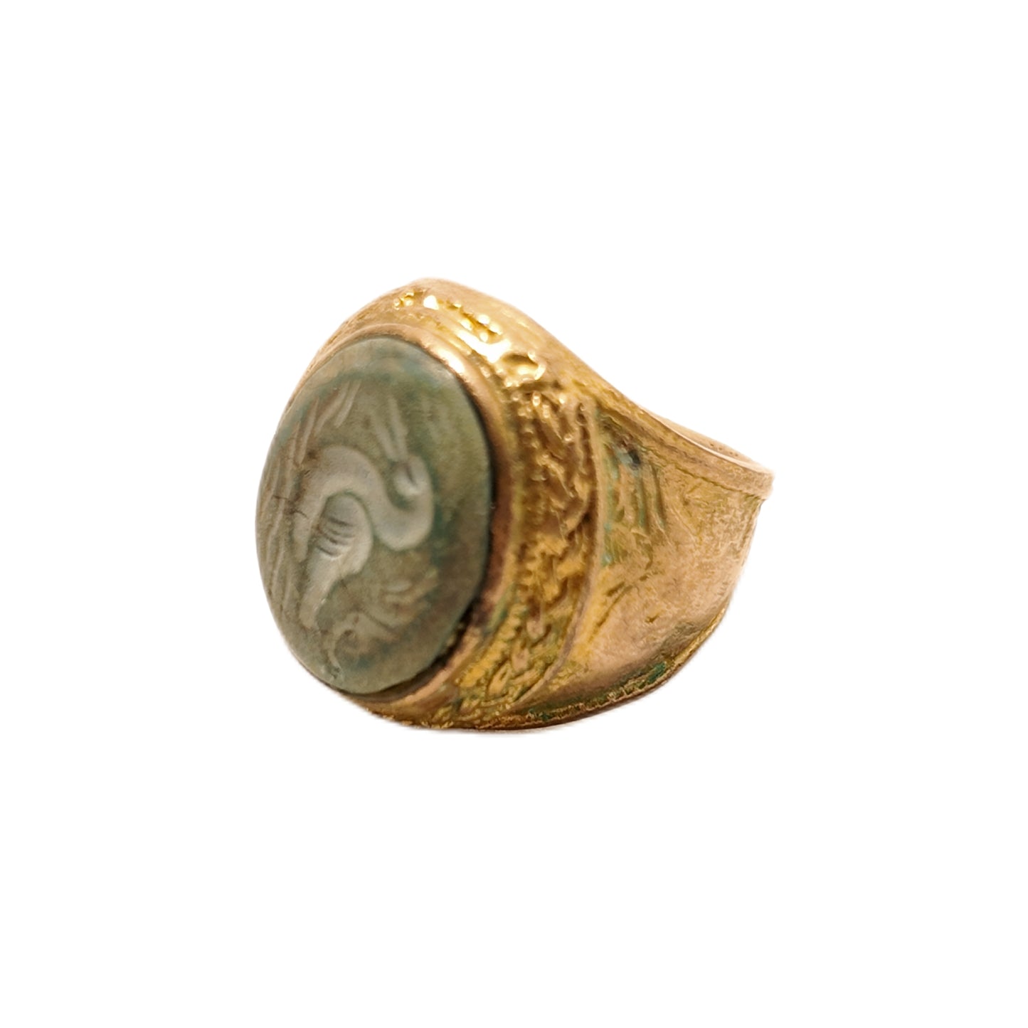 Vintage British 1960s Natural Turquoise Brass Ring Swan Carving Palace Vintage Style