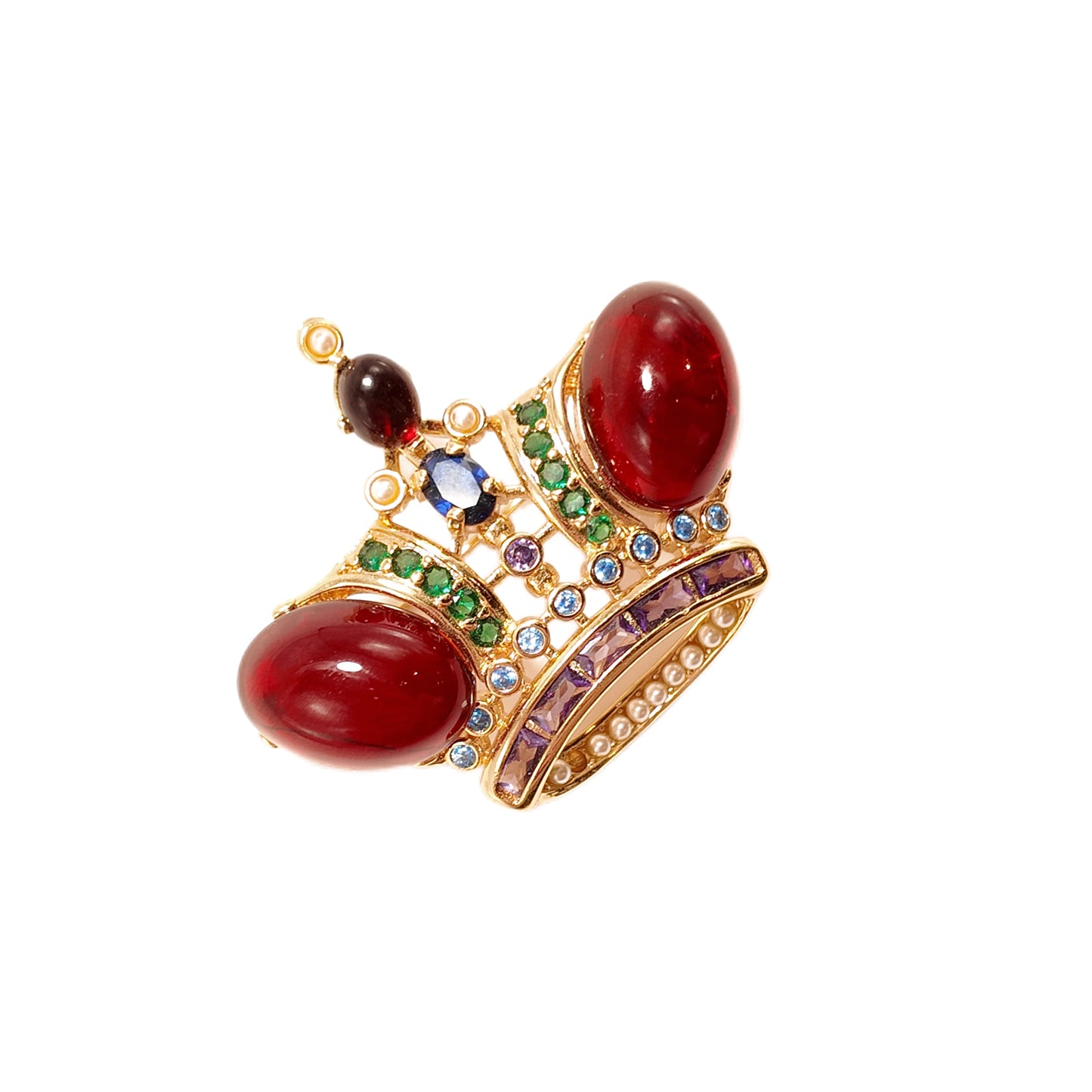 Red glazed colored diamond inlaid crown brooch with a palace retro style